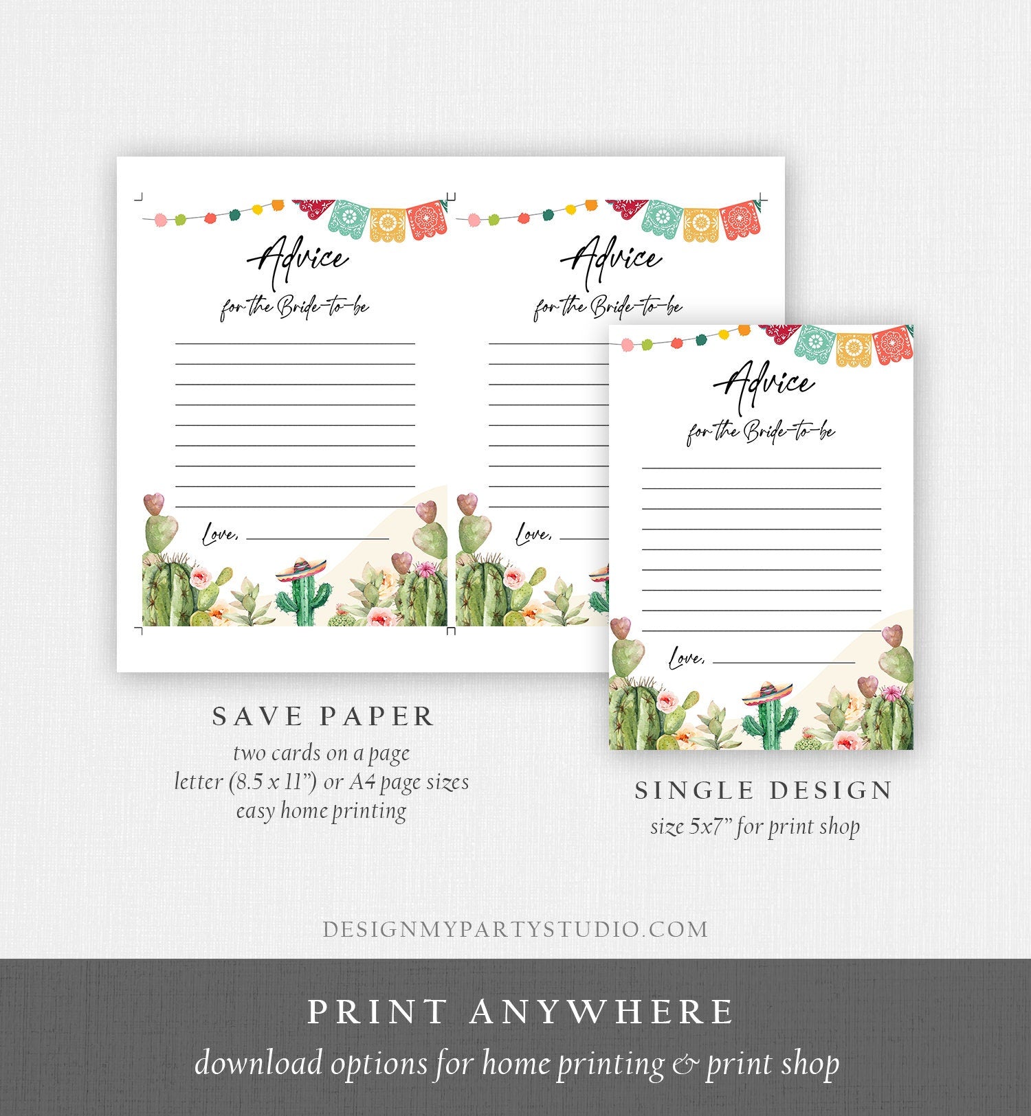 Editable Advice for the Bride-to-be Card Words of Wisdom Cactus Succulent Fiesta Bridal Shower Game Mexican Corjl Template Printable 0404