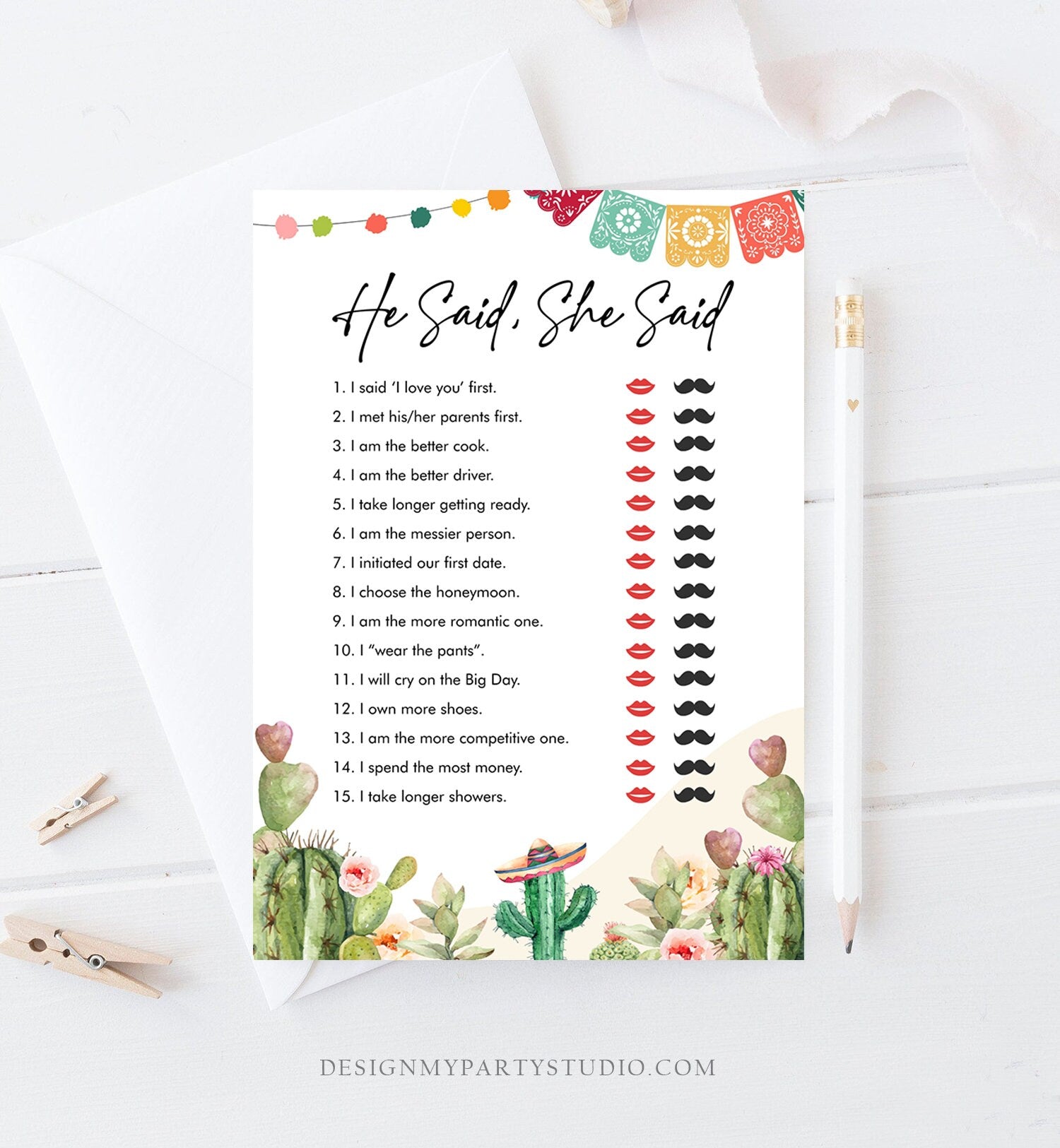 Editable He Said She Said Bridal Shower Game Cactus Fiesta Mexican Coed Shower Succulent Wedding Activity Corjl Template Printable 0404
