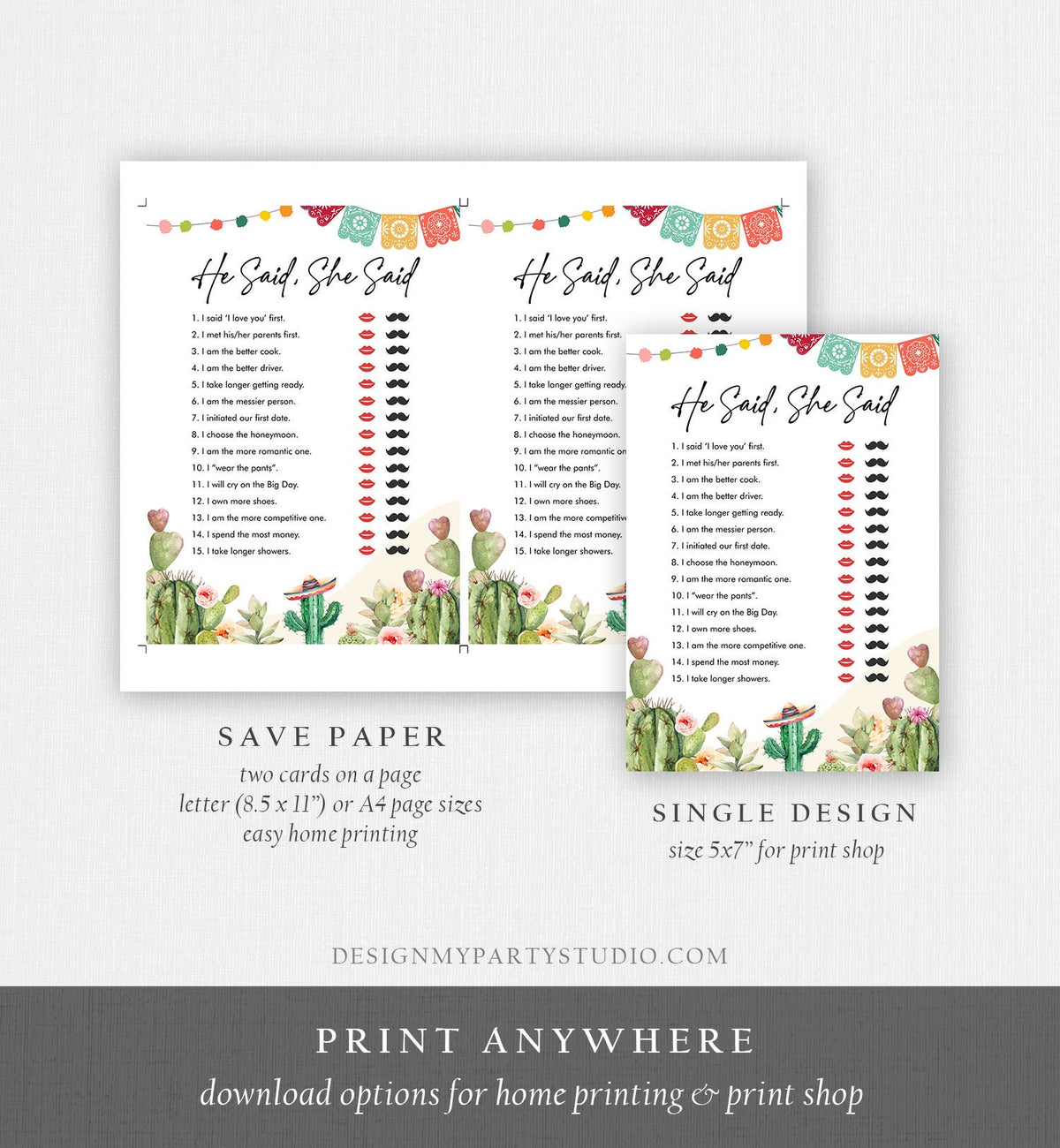 Editable He Said She Said Bridal Shower Game Cactus Fiesta Mexican Coed Shower Succulent Wedding Activity Corjl Template Printable 0404