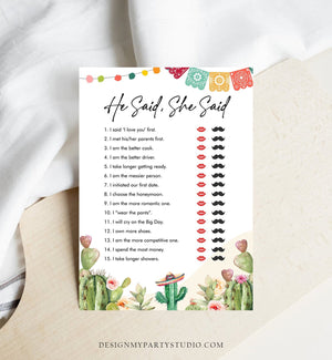 Editable He Said She Said Bridal Shower Game Cactus Fiesta Mexican Coed Shower Succulent Wedding Activity Corjl Template Printable 0404