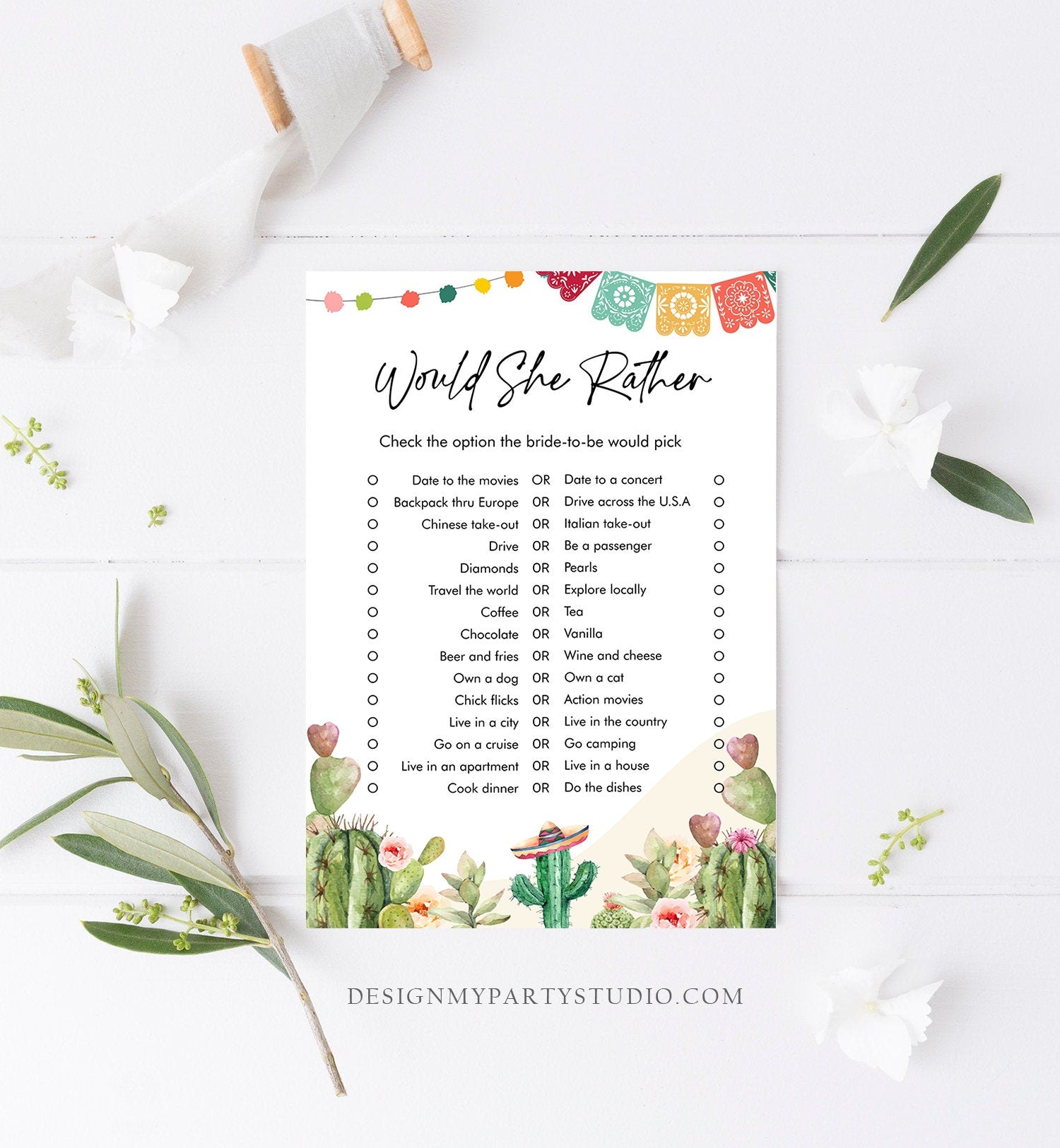 Editable Would She Rather Bridal Shower Game Cactus Fiesta Mexican Coed Shower Succulent Wedding Activity Digital Template Printable 0404