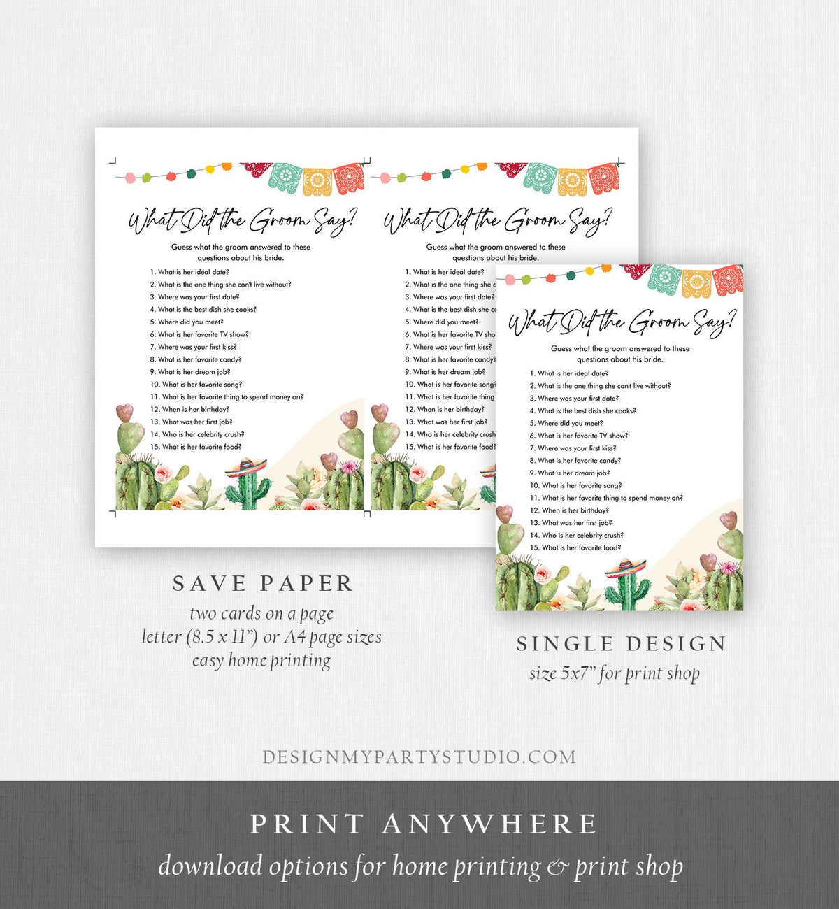 Editable What Did The Groom Say About His Bride Bridal Shower Game Cactus Fiesta Mexican Coed Shower Wedding Activity Digital Template 0404