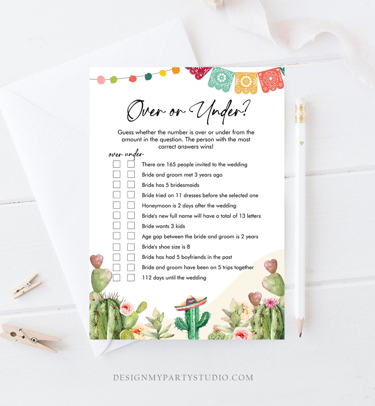Editable Over or Under Bridal Shower Game Cactus Fiesta Mexican Coed Shower Games Succulent Wedding Activity Corjl Template Printable 0404