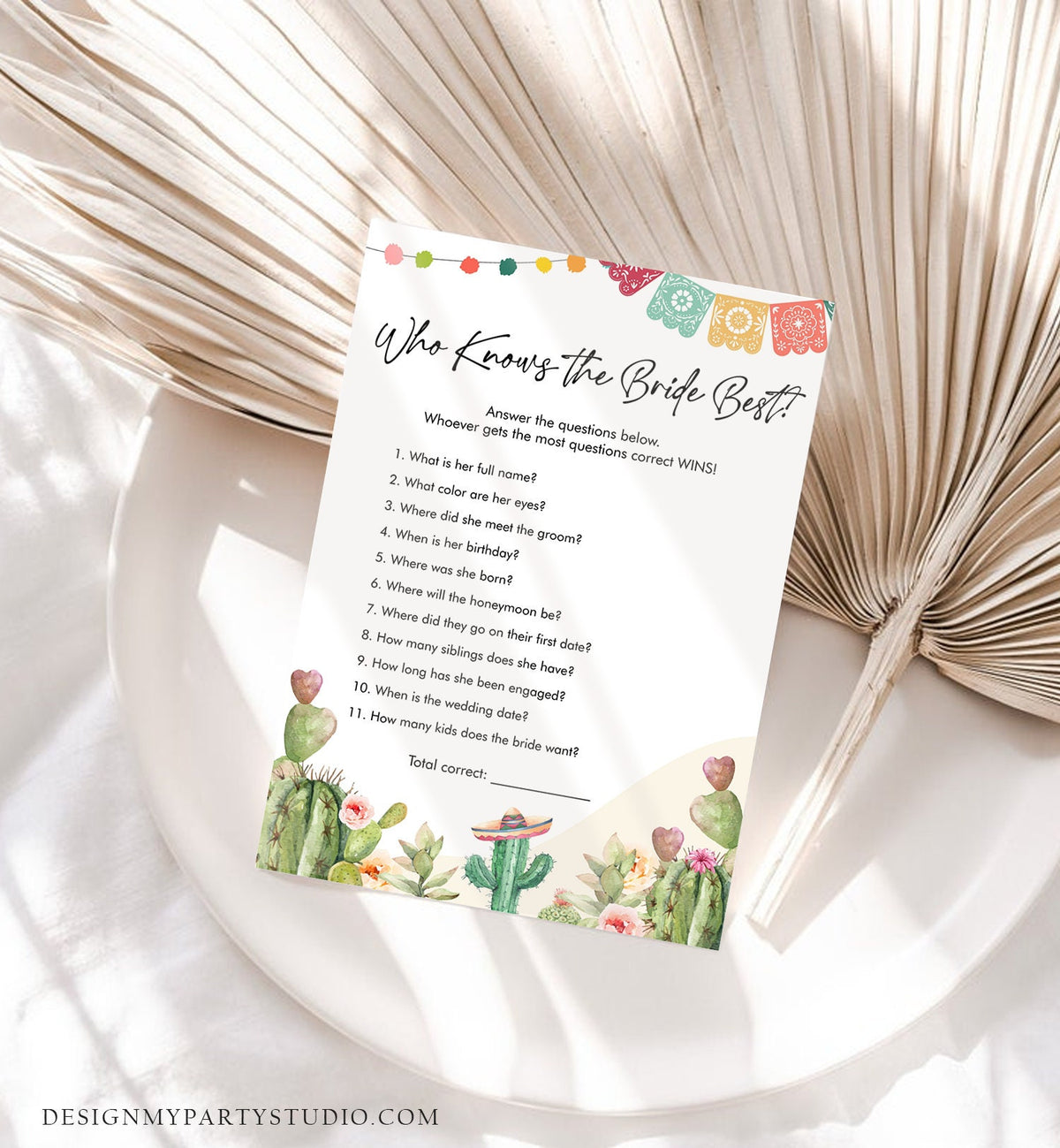 Editable Who Knows the Bride Best Bridal Shower Game Cactus Fiesta Mexican Coed Shower Games Wedding Activity Corjl Template Printable 0404