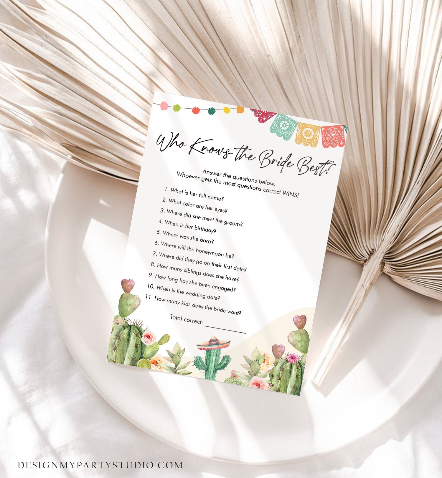 Editable Who Knows the Bride Best Bridal Shower Game Cactus Fiesta Mexican Coed Shower Games Wedding Activity Corjl Template Printable 0404