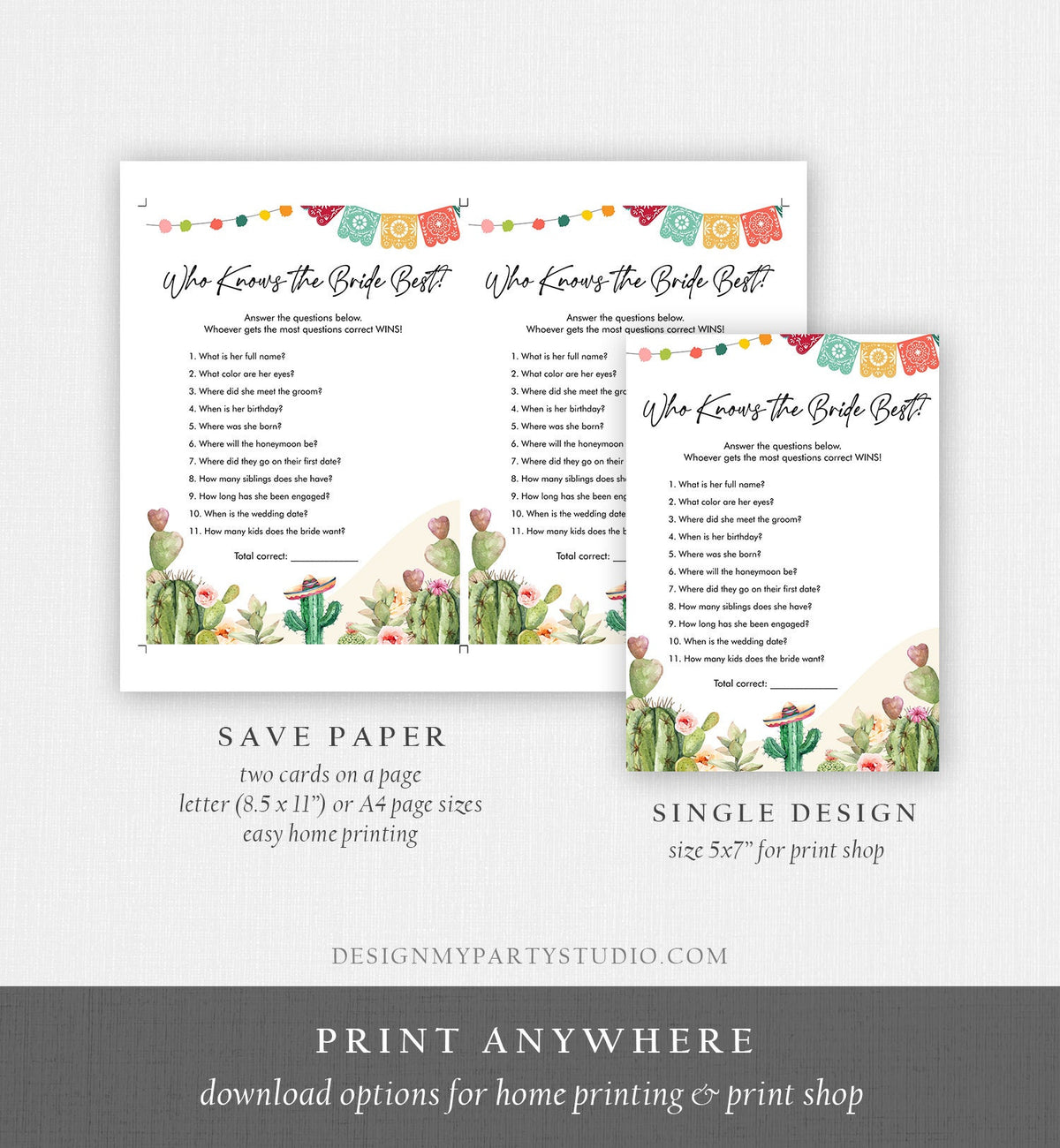 Editable Who Knows the Bride Best Bridal Shower Game Cactus Fiesta Mexican Coed Shower Games Wedding Activity Corjl Template Printable 0404