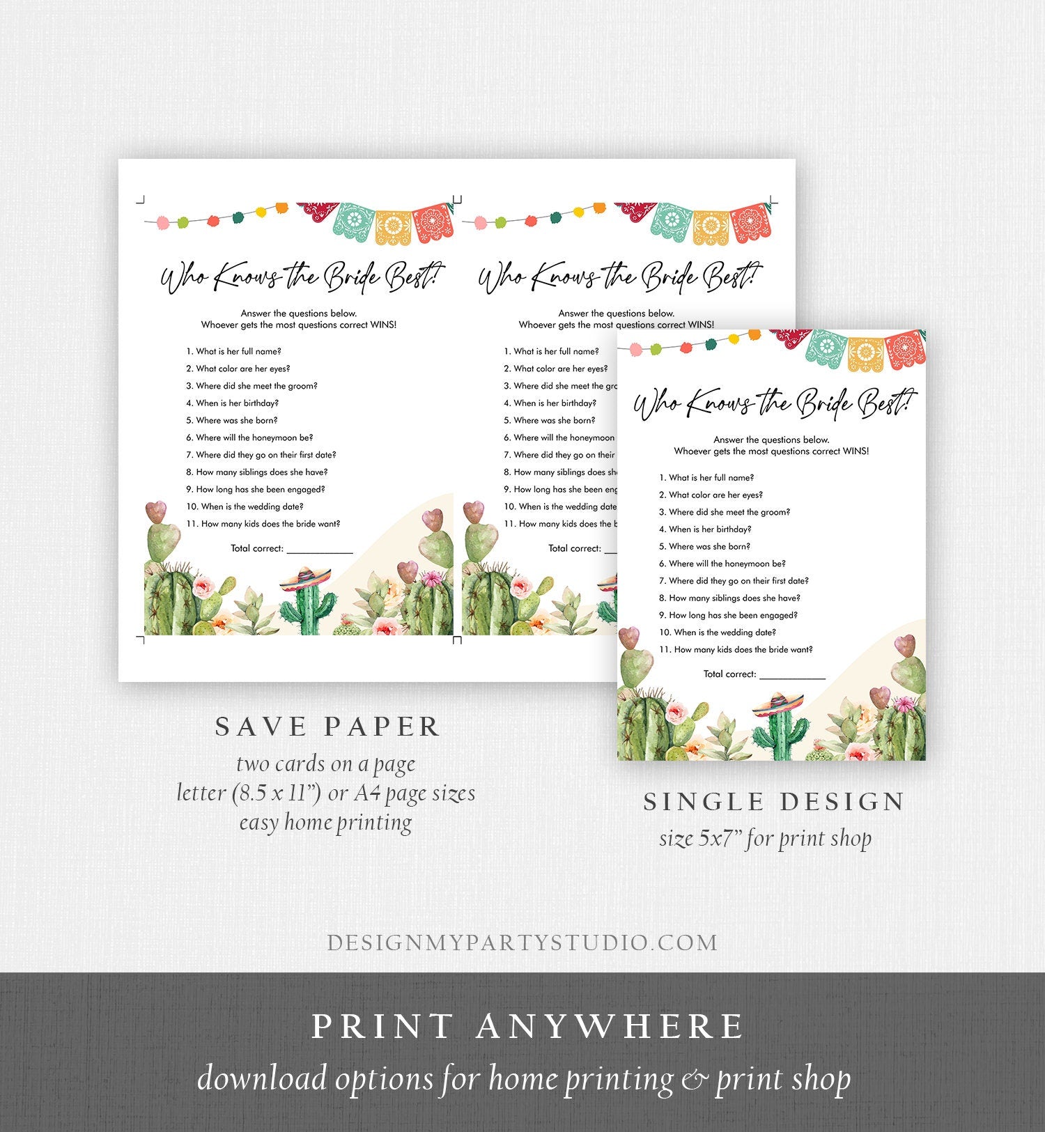 Editable Who Knows the Bride Best Bridal Shower Game Cactus Fiesta Mexican Coed Shower Games Wedding Activity Corjl Template Printable 0404