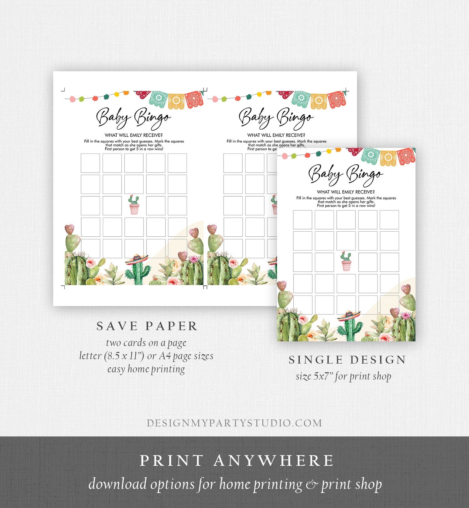 Editable Baby Bingo Game Cactus Baby Fiesta Mexican Shower Game Baby Coed Sprinkle Games Digital Digital Download Template Printable 0404