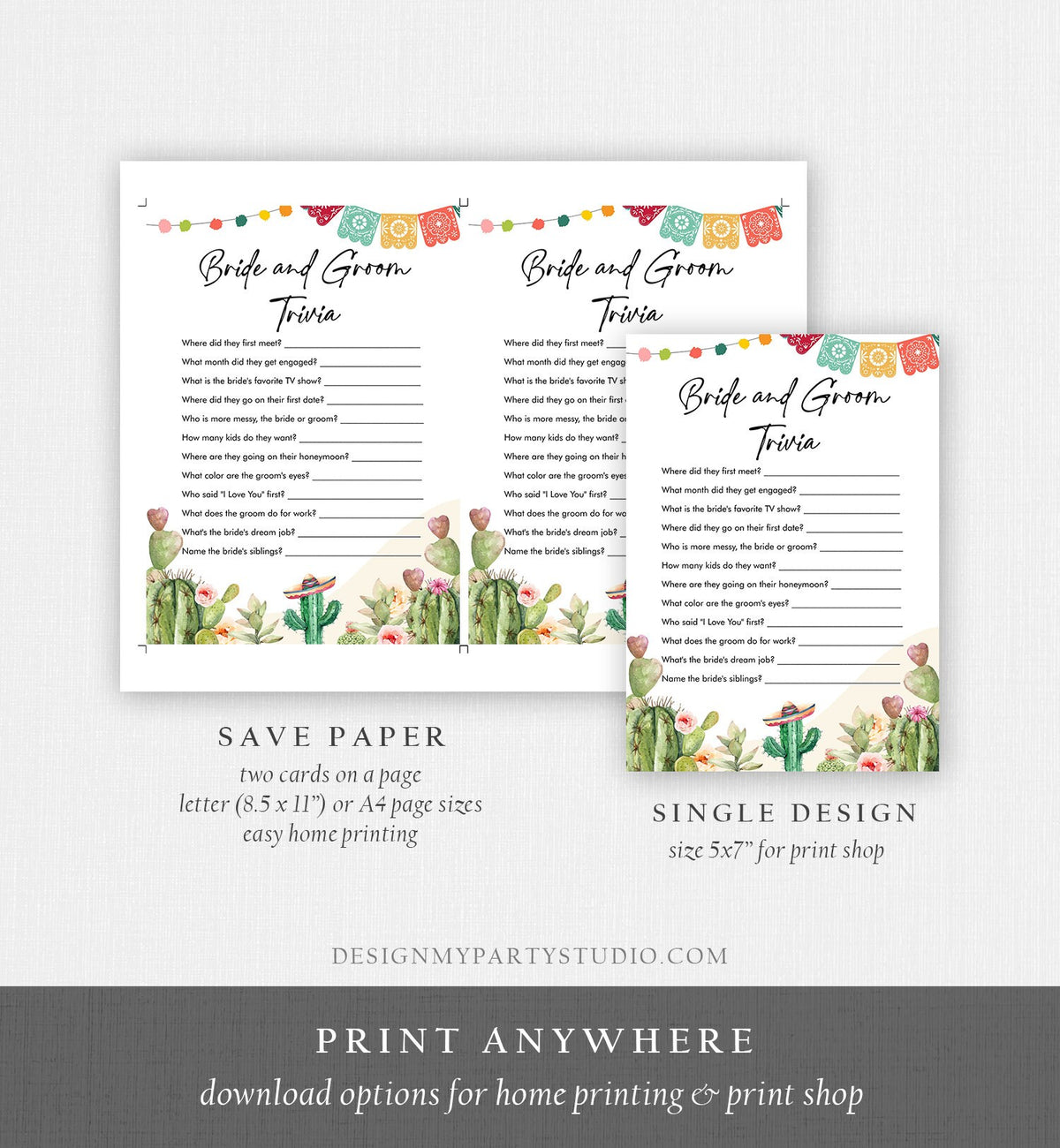 Editable Bride and Groom Trivia Bridal Shower Game Cactus Fiesta Mexican Coed Shower Games Wedding Activity Corjl Template Printable 0404