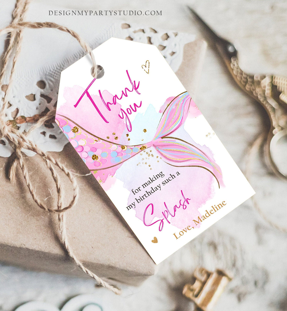 Editable Mermaid Birthday Favor Tag Under The Sea Thank you Tag Mermaid Party Girl Pool Party Pink Download Template Digital Printable 0403