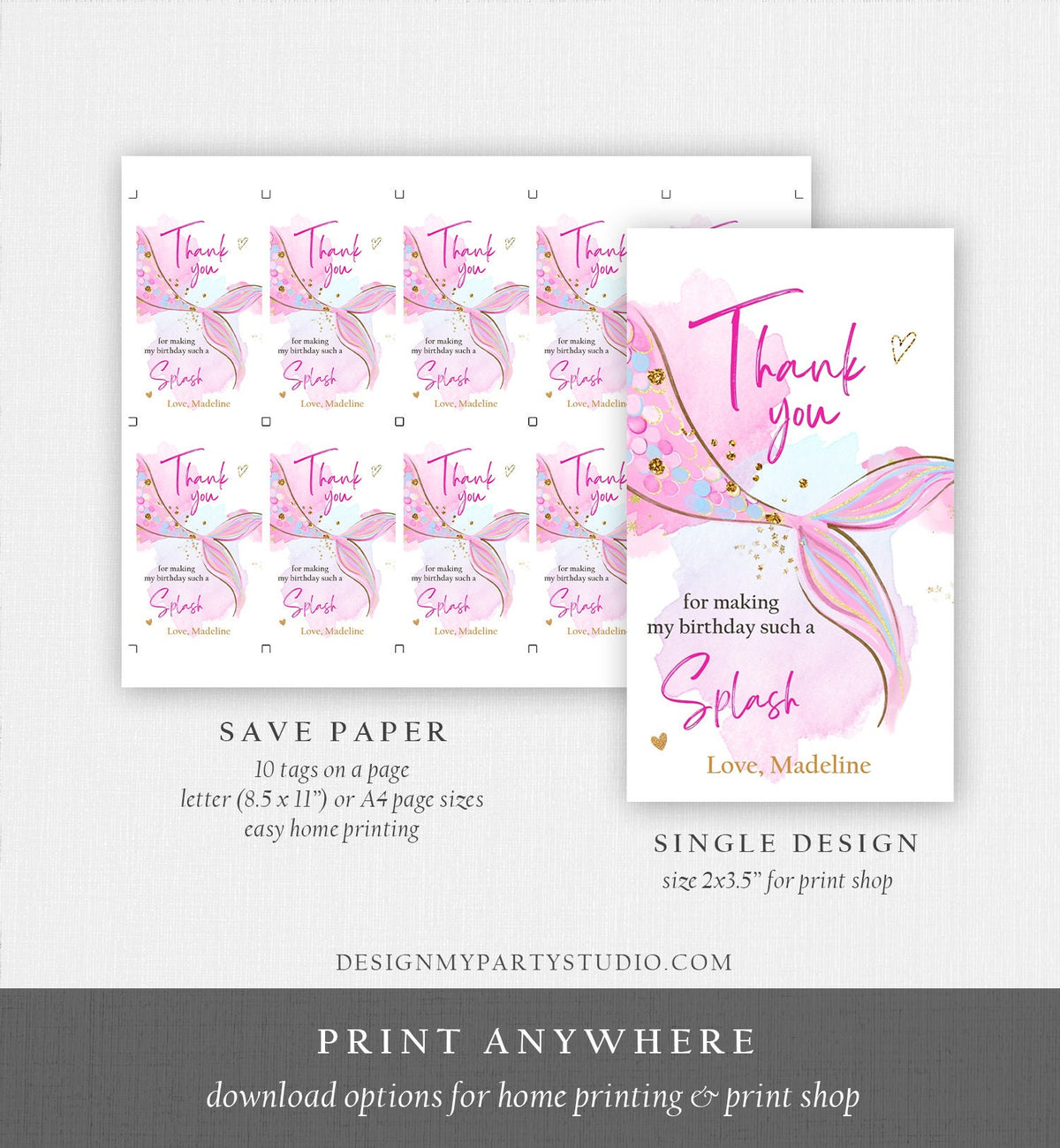 Editable Mermaid Birthday Favor Tag Under The Sea Thank you Tag Mermaid Party Girl Pool Party Pink Download Template Digital Printable 0403