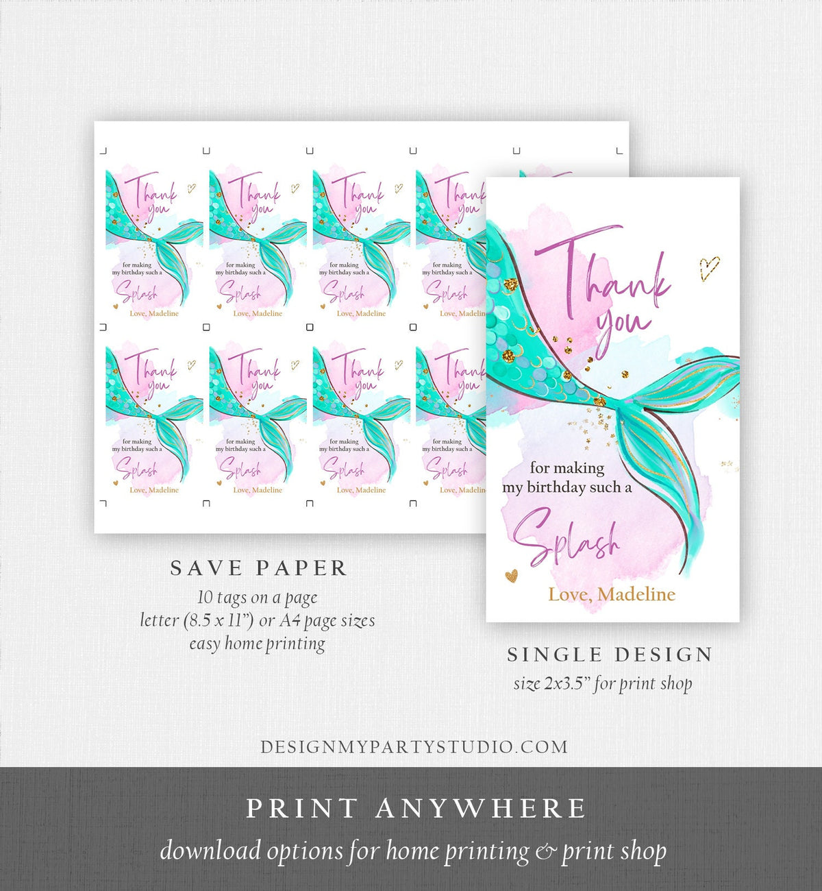 Editable Mermaid Birthday Favor Tag Under The Sea Thank You Tag Mermaid Party Girl Blush Pink Digital Download Template Printable 0403