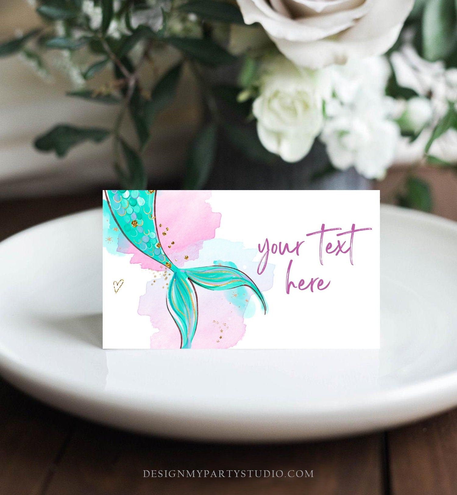 Editable Mermaid Food Labels Mermaid Birthday Place Card Tent Card Escort Card Girl Pink Gold Under The Sea Printable Corjl Template 0403