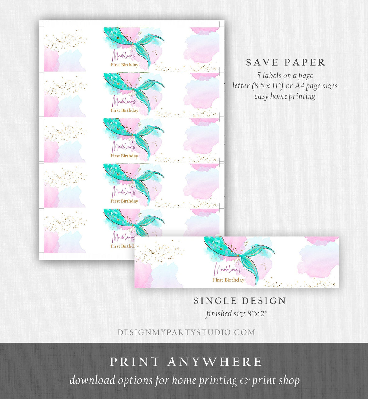 Editable Mermaid Water Bottle Labels Mermaid Tail Birthday Under The Sea Decor Pink Gold Purple Bottle Label Digital Template Printable 0403