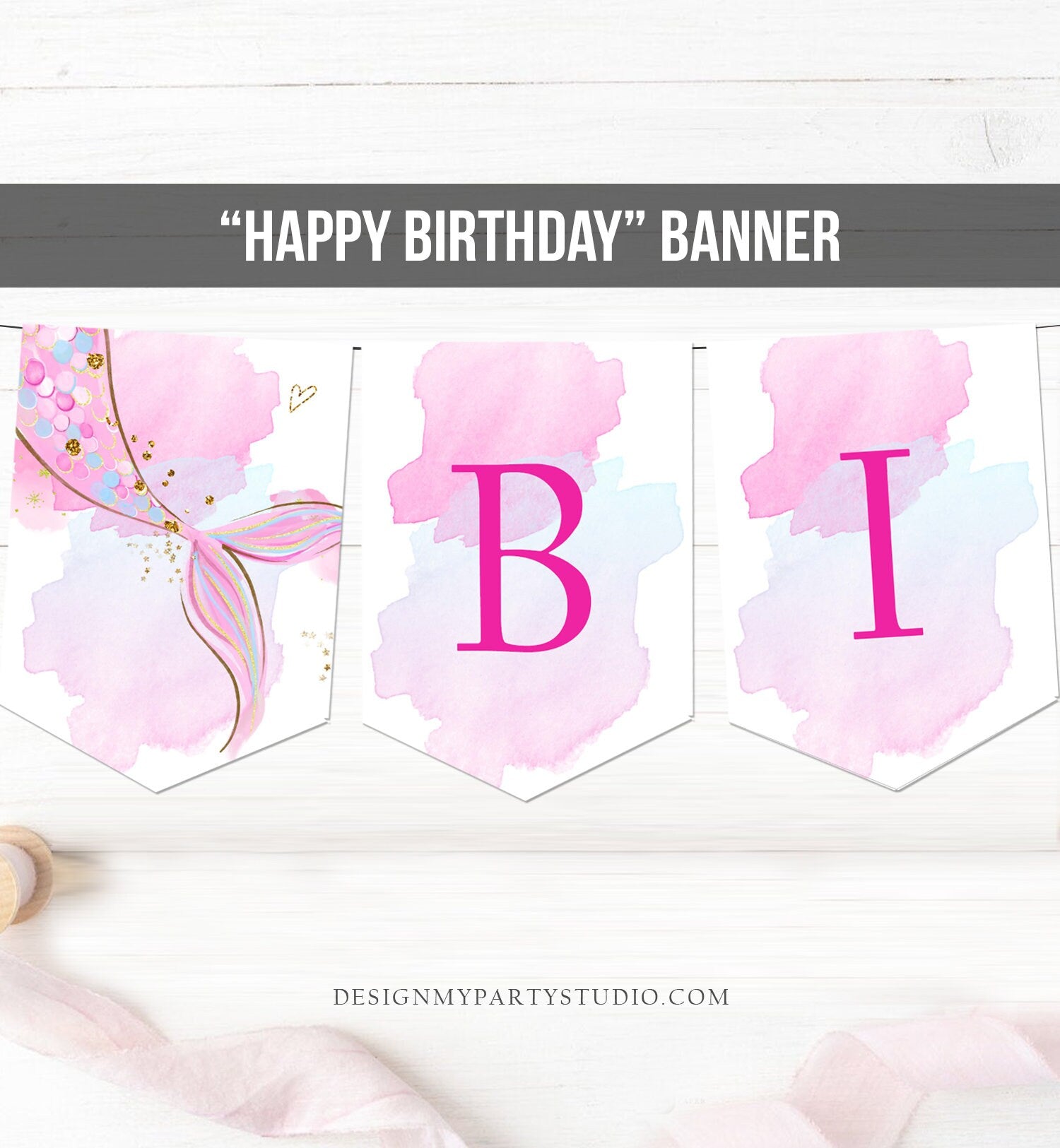 Mermaid Happy Birthday Banner Mermaid Birthday Decor Gold Blush Pink Under The Sea Party Mermaid Tail Decor Instant Download Printable 0403