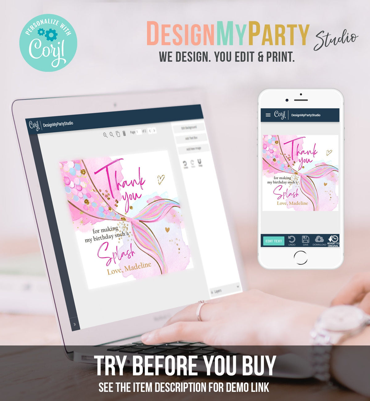 Editable Mermaid Birthday Favor Tags Under The Sea Thank you Stickers Mermaid Party Girl Pink Gold Digital Download Template Printable 0403