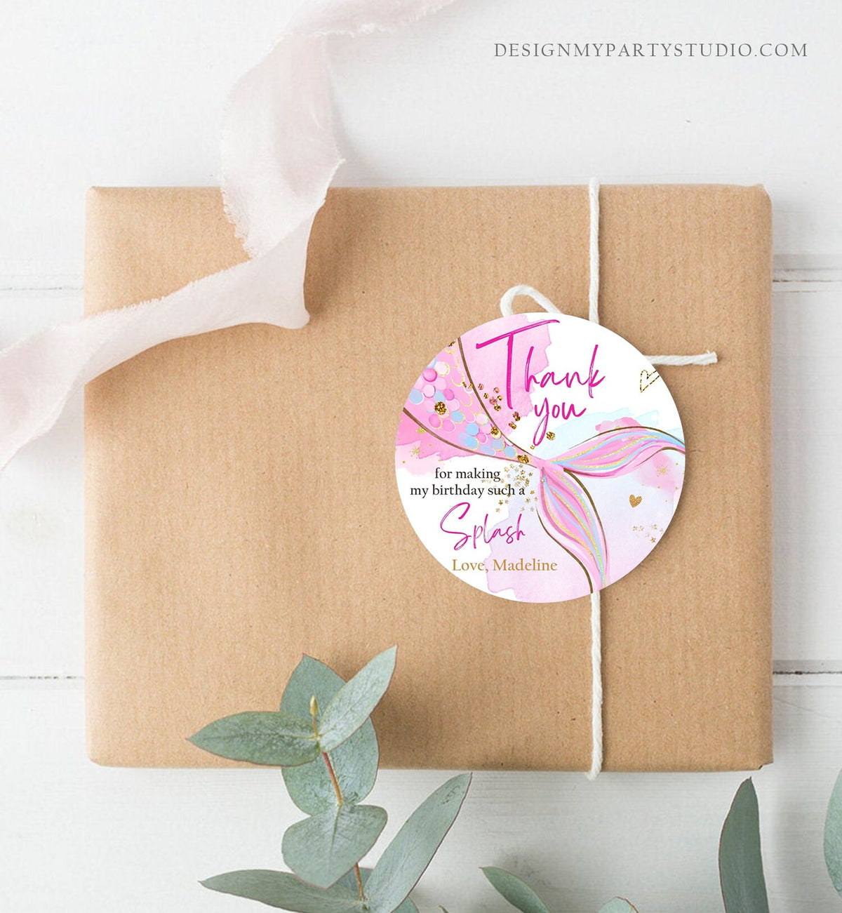 Editable Mermaid Birthday Favor Tags Under The Sea Thank you Stickers Mermaid Party Girl Pink Gold Digital Download Template Printable 0403