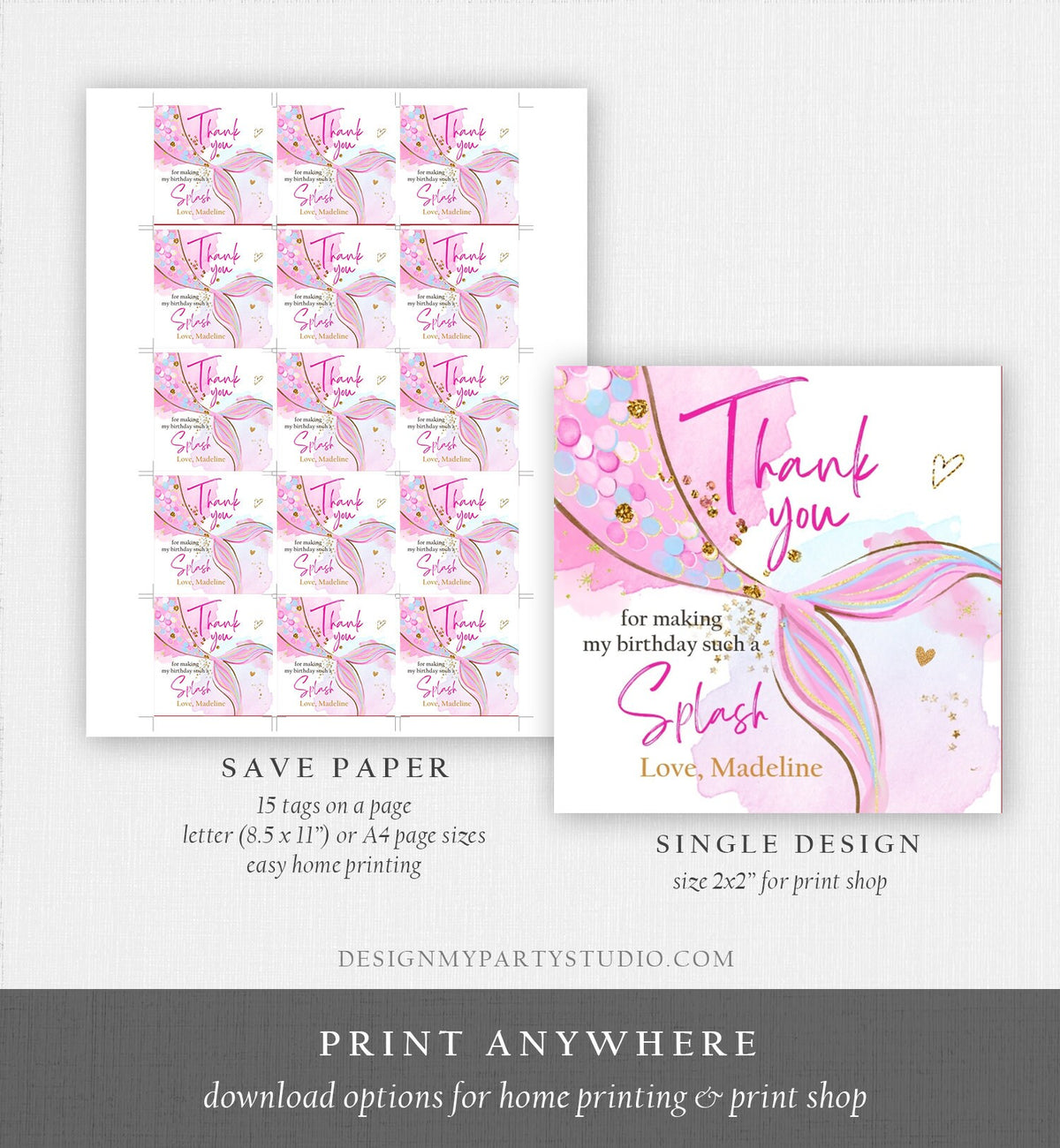 Editable Mermaid Birthday Favor Tags Under The Sea Thank you Stickers Mermaid Party Girl Pink Gold Digital Download Template Printable 0403