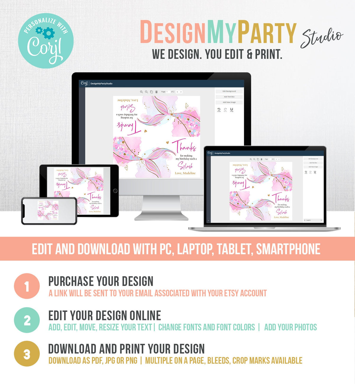 Editable Mermaid Treat Bag Toppers Mermaid Birthday Party Thank You Under The Sea Mermaid Tail Favors Pink Digital Template Printable 0403