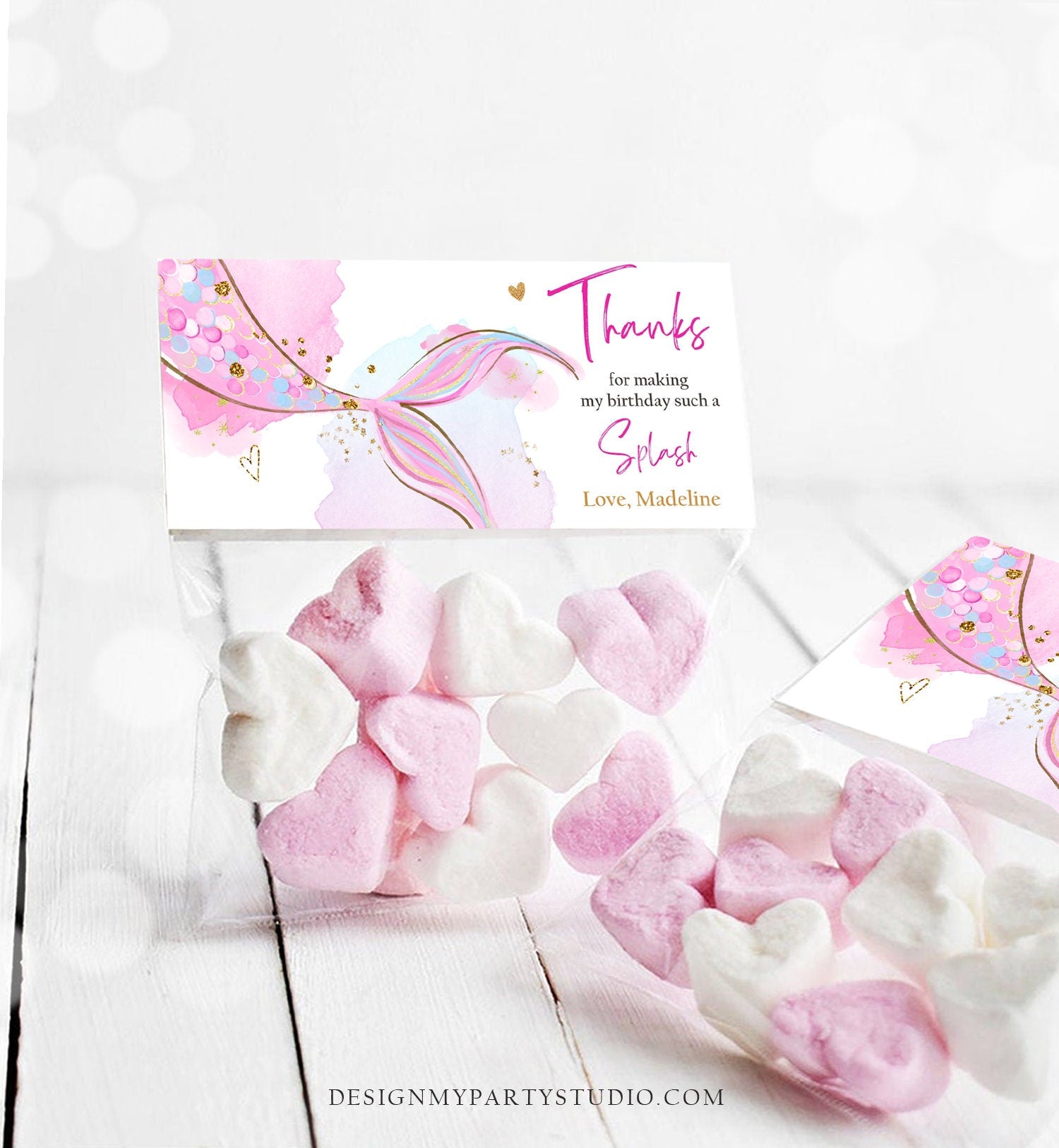 Editable Mermaid Treat Bag Toppers Mermaid Birthday Party Thank You Under The Sea Mermaid Tail Favors Pink Digital Template Printable 0403