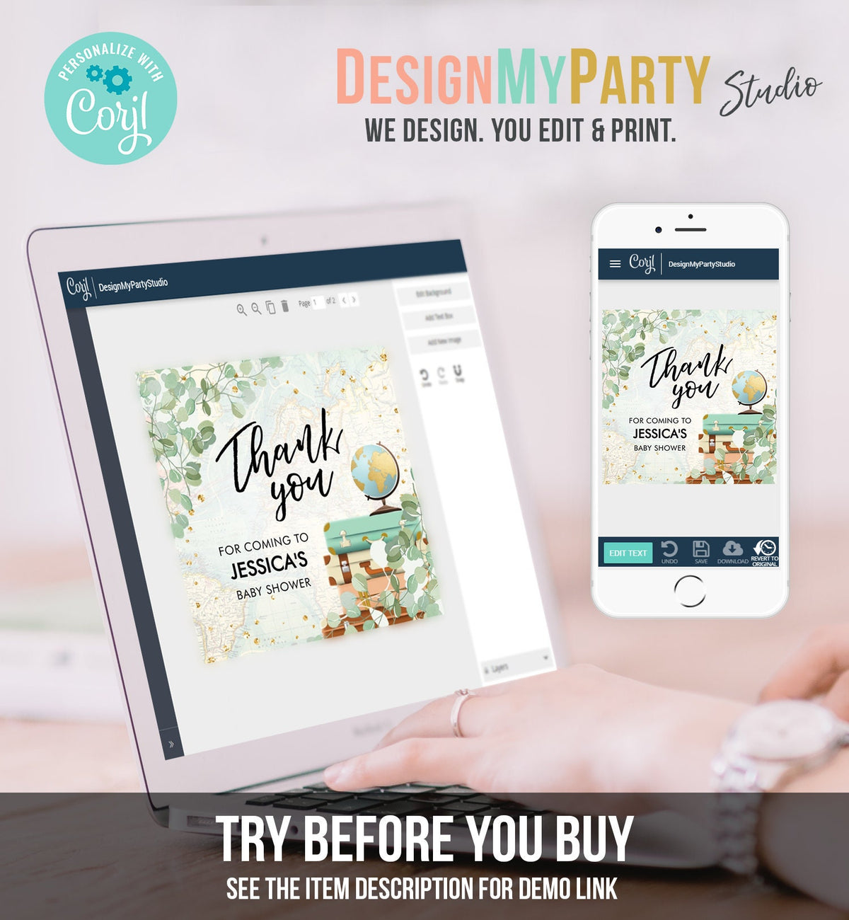 Editable Travel Thank You Tag Eucalyptus Greenery Baby Shower Bridal Shower Favor Adventure Round Stickers Corjl Template Printable 0030