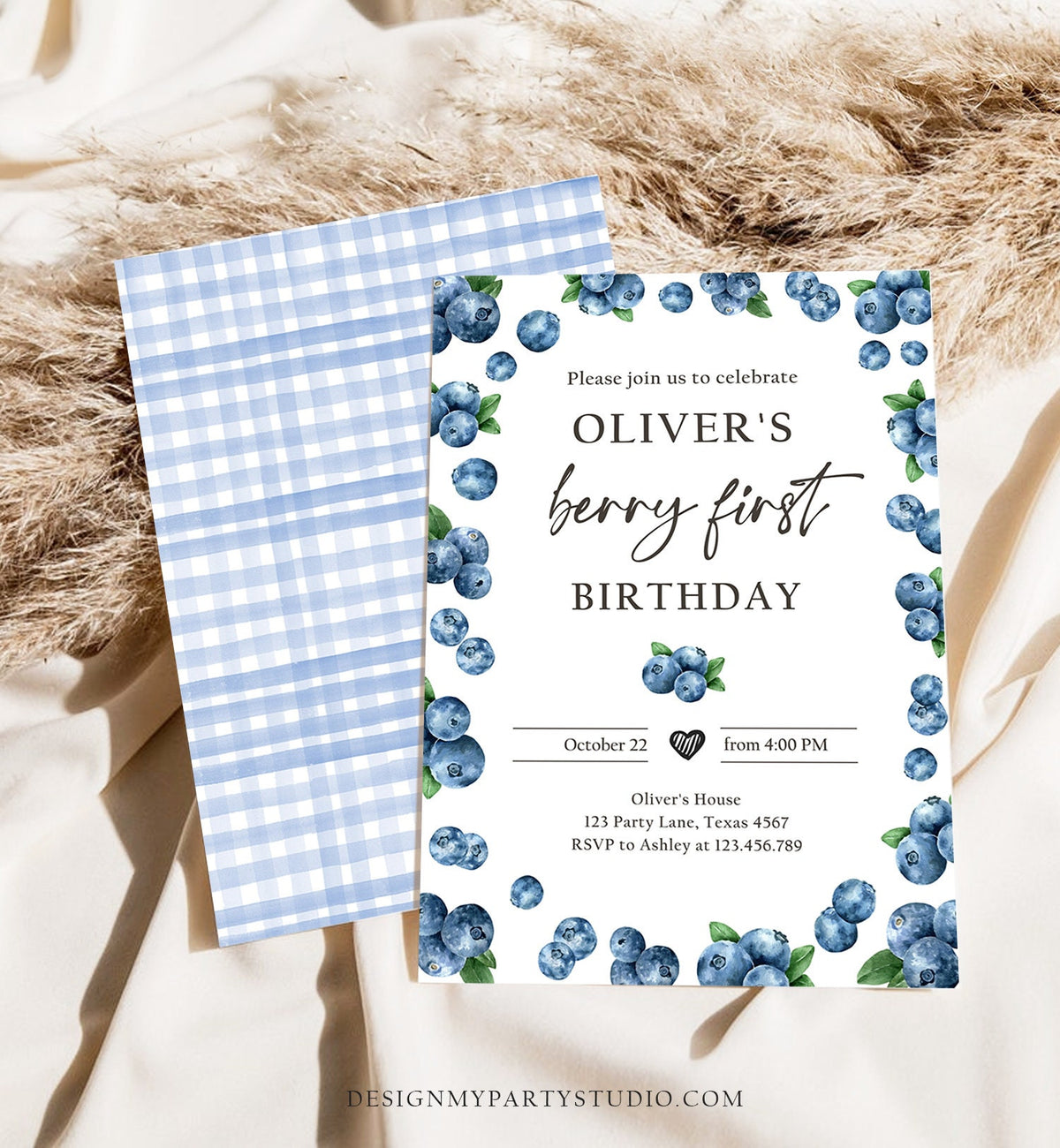 Editable Blueberry Birthday Invitation First Birthday Berry Sweet Boy Cute Blueberries 1st Download Printable Template Corjl Digital 0399