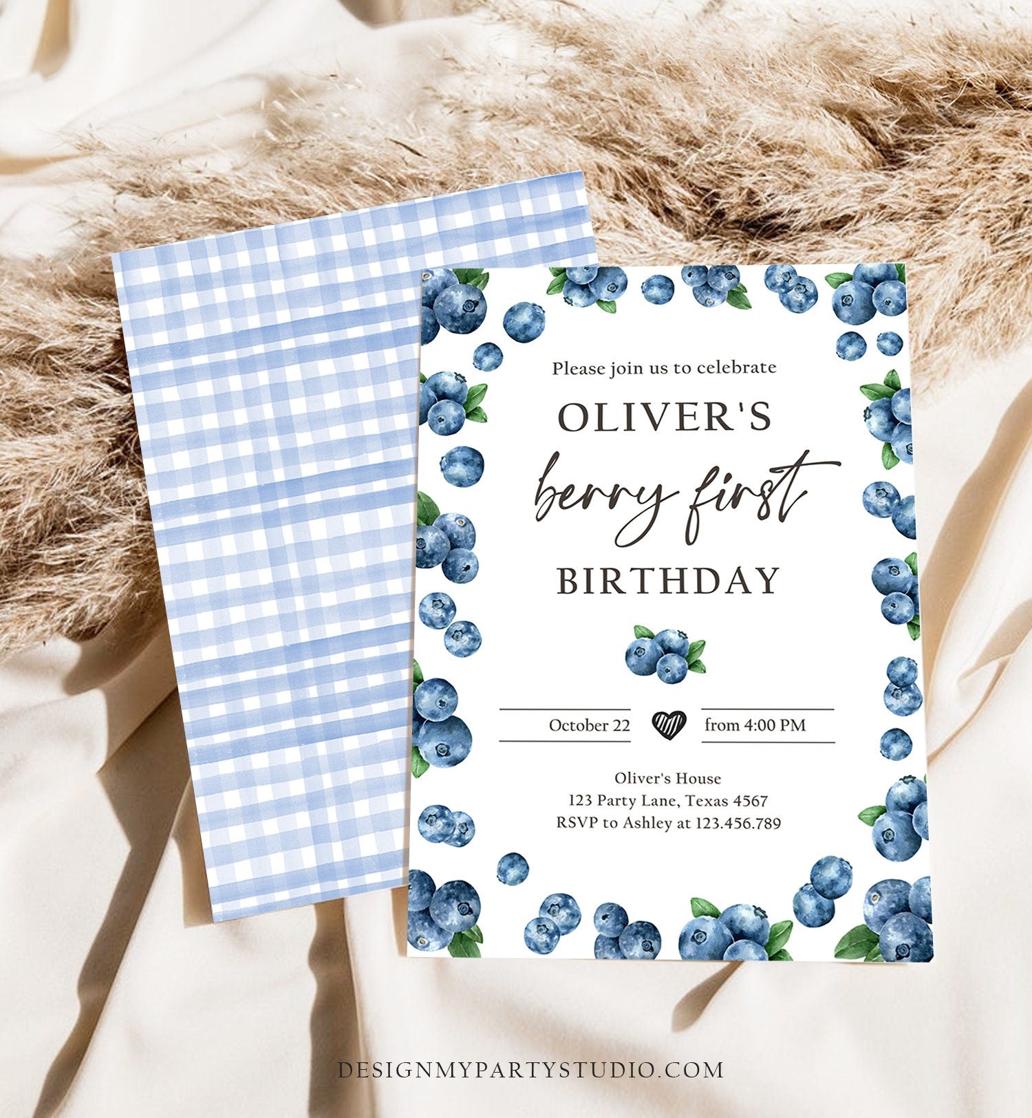 Editable Blueberry Birthday Invitation First Birthday Berry Sweet Boy Cute Blueberries 1st Download Printable Template Corjl Digital 0399