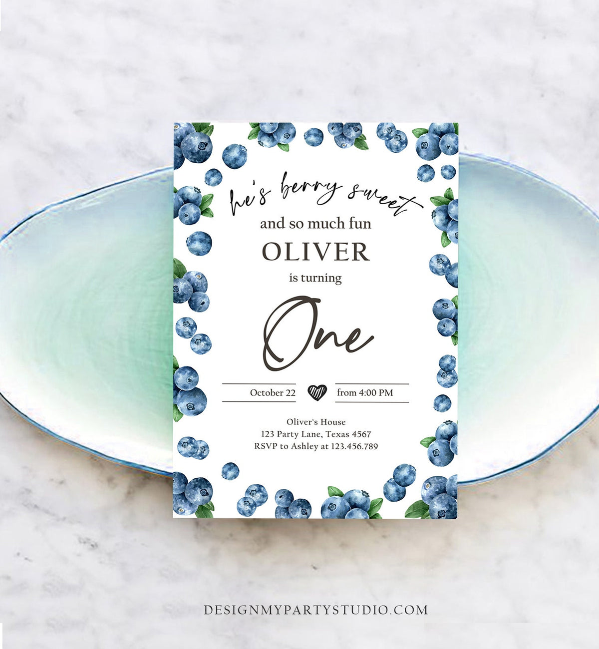 Editable Blueberry Birthday Invitation First Birthday Berry Sweet Boy Cute Blueberries 1st Digital Download Evite Template Printable 0399