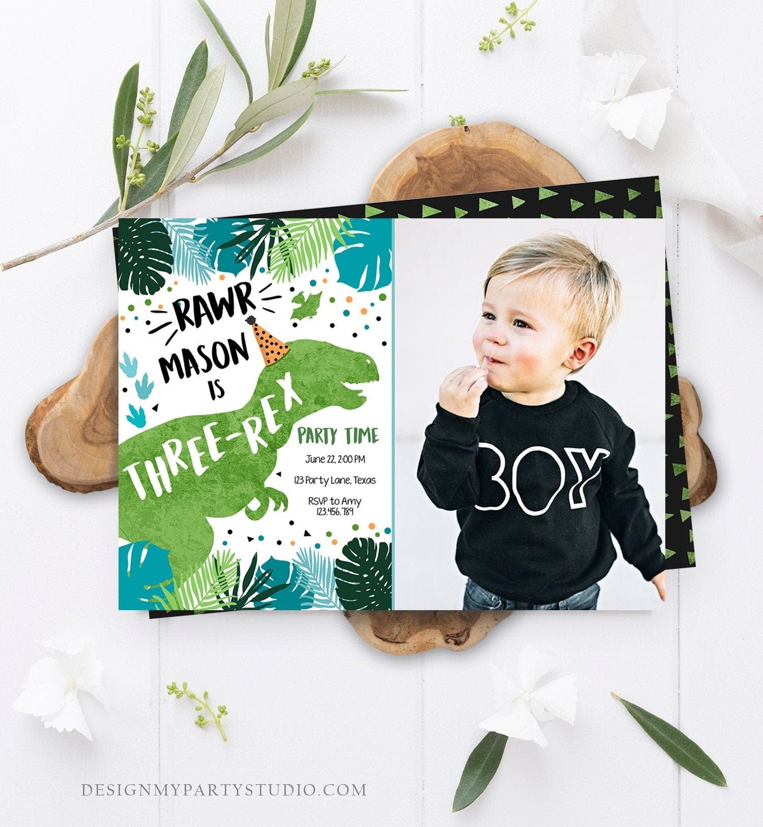 Editable Three-Rex Dinosaur Birthday Invitation Dino T-Rex Third Birthday 3rd Rawr Boy Green Blue Prehistoric Evite Template Printable 0389