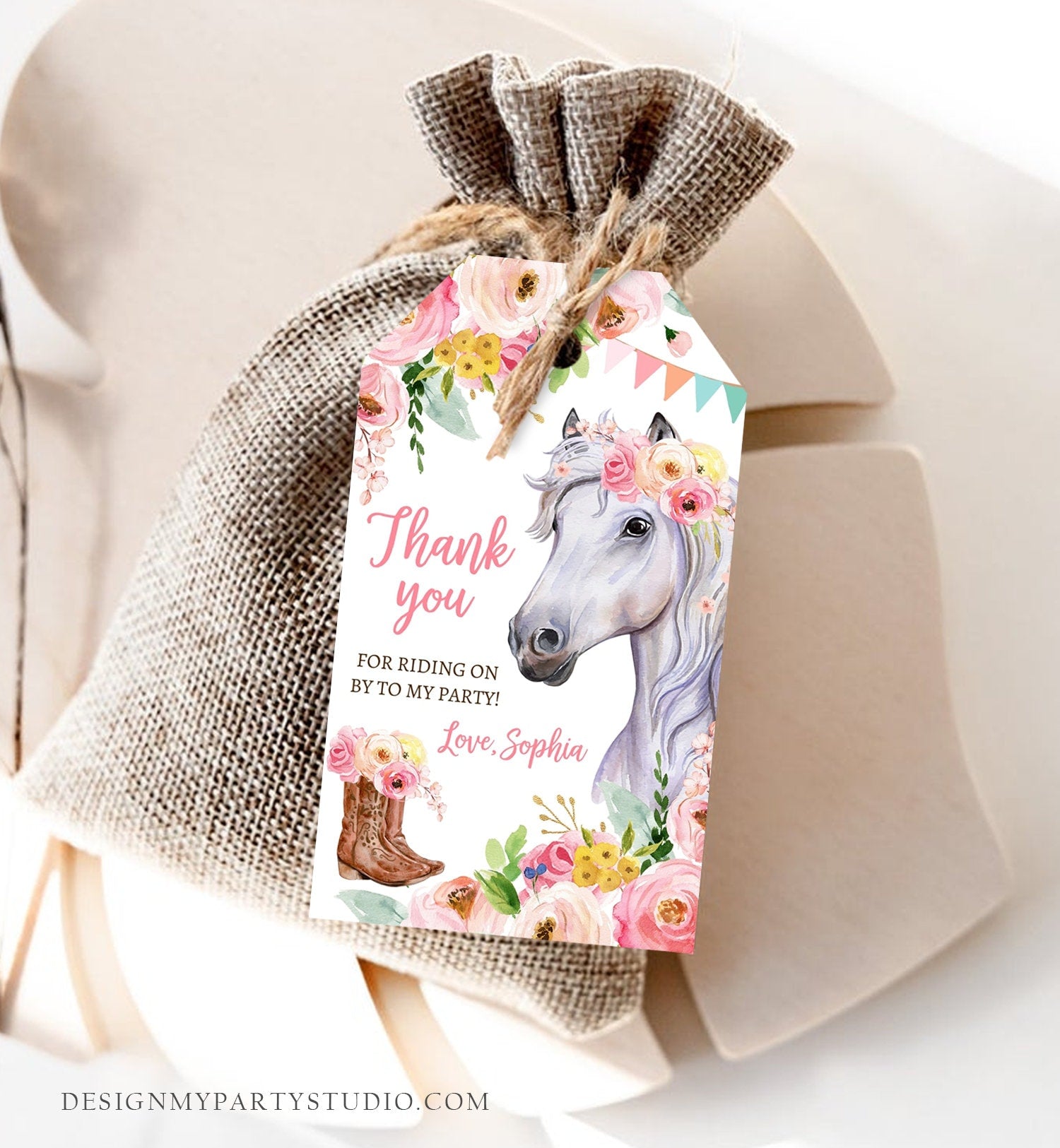 Editable Cowgirl Favor Tags Tags Horse Birthday Party Favor Thank You Tags Girl White Horse Floral Download Template PRINTABLE Corjl 0408