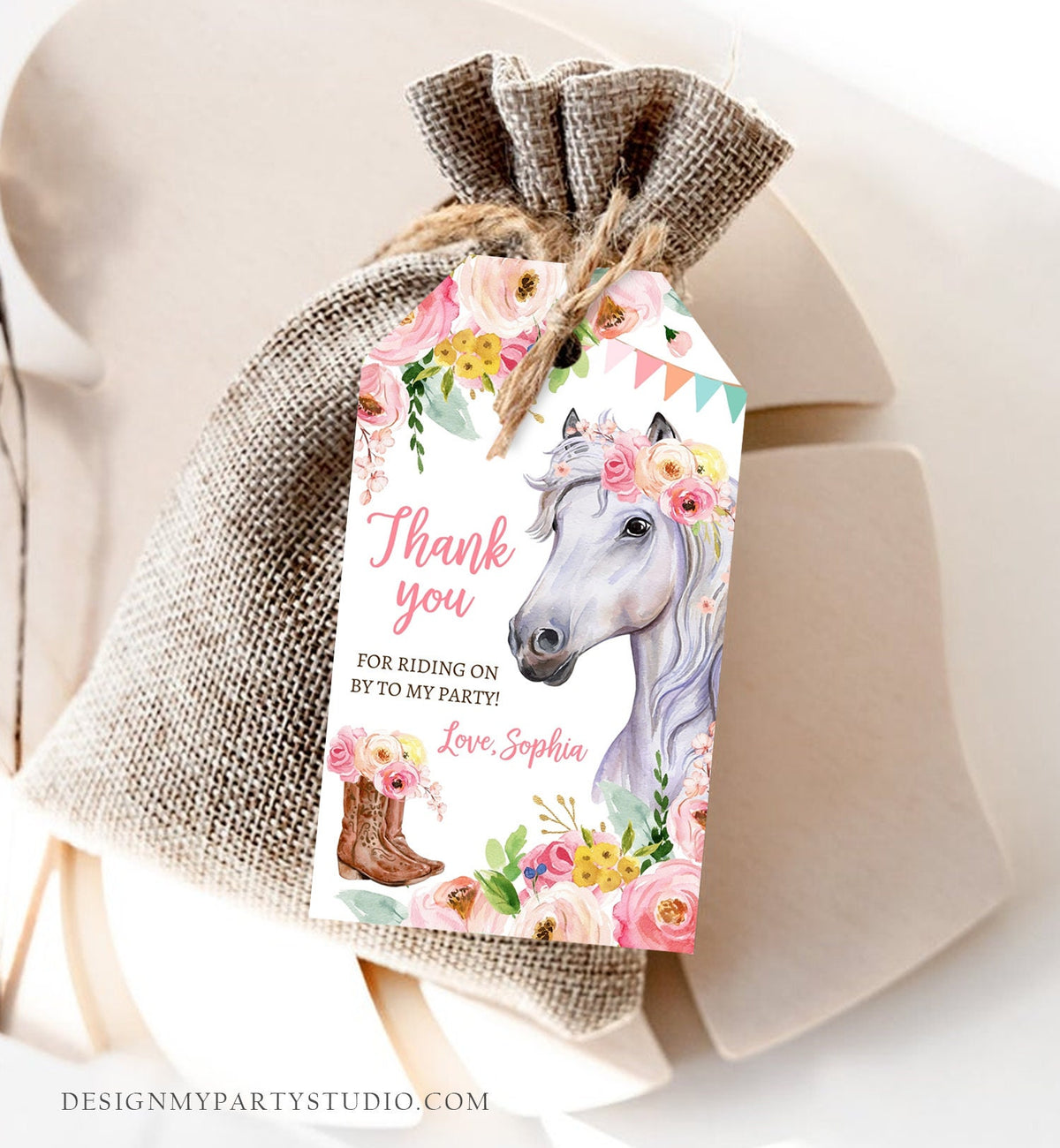 Editable Cowgirl Favor Tags Tags Horse Birthday Party Favor Thank You Tags Girl White Horse Floral Digital Download Template Printable 0408
