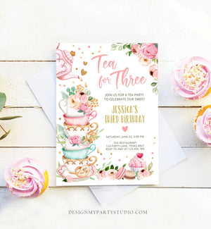 Editable Tea for Three Birthday Invitation Girl Tea Party Invite Pink Gold Floral Peach Third Birthday 3rd Corjl Template Printable 0349
