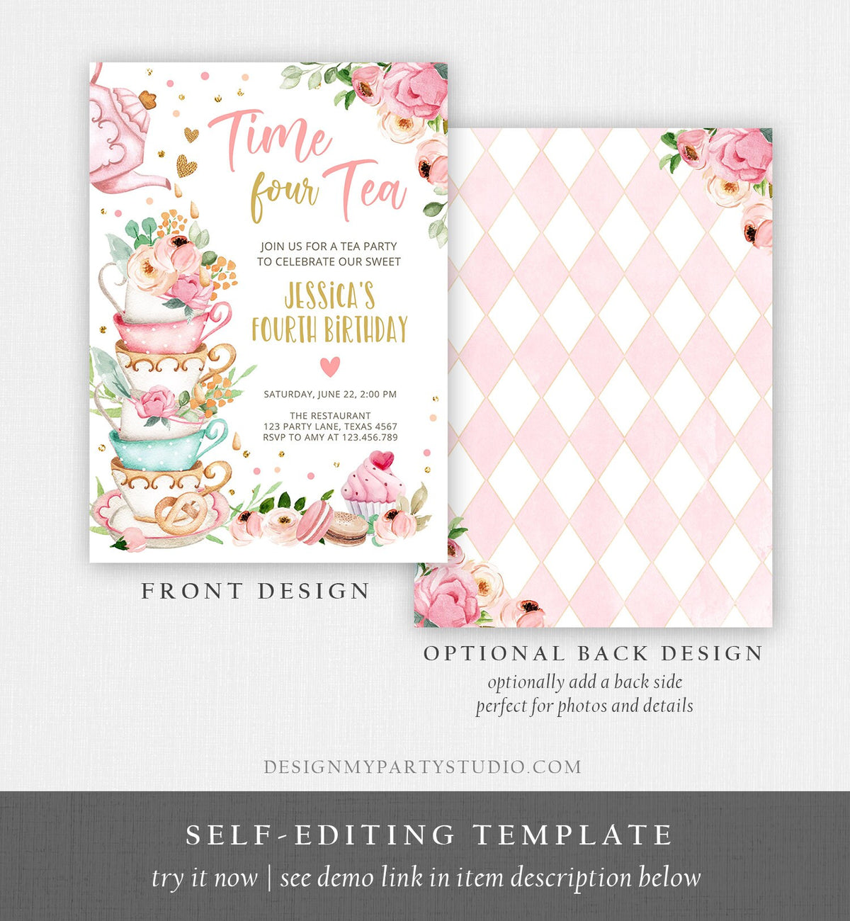 Editable Time Four Tea Birthday Invitation Girl Tea Party Invite Pink Gold Floral Peach Fourth Birthday 4th Corjl Template Printable 0349