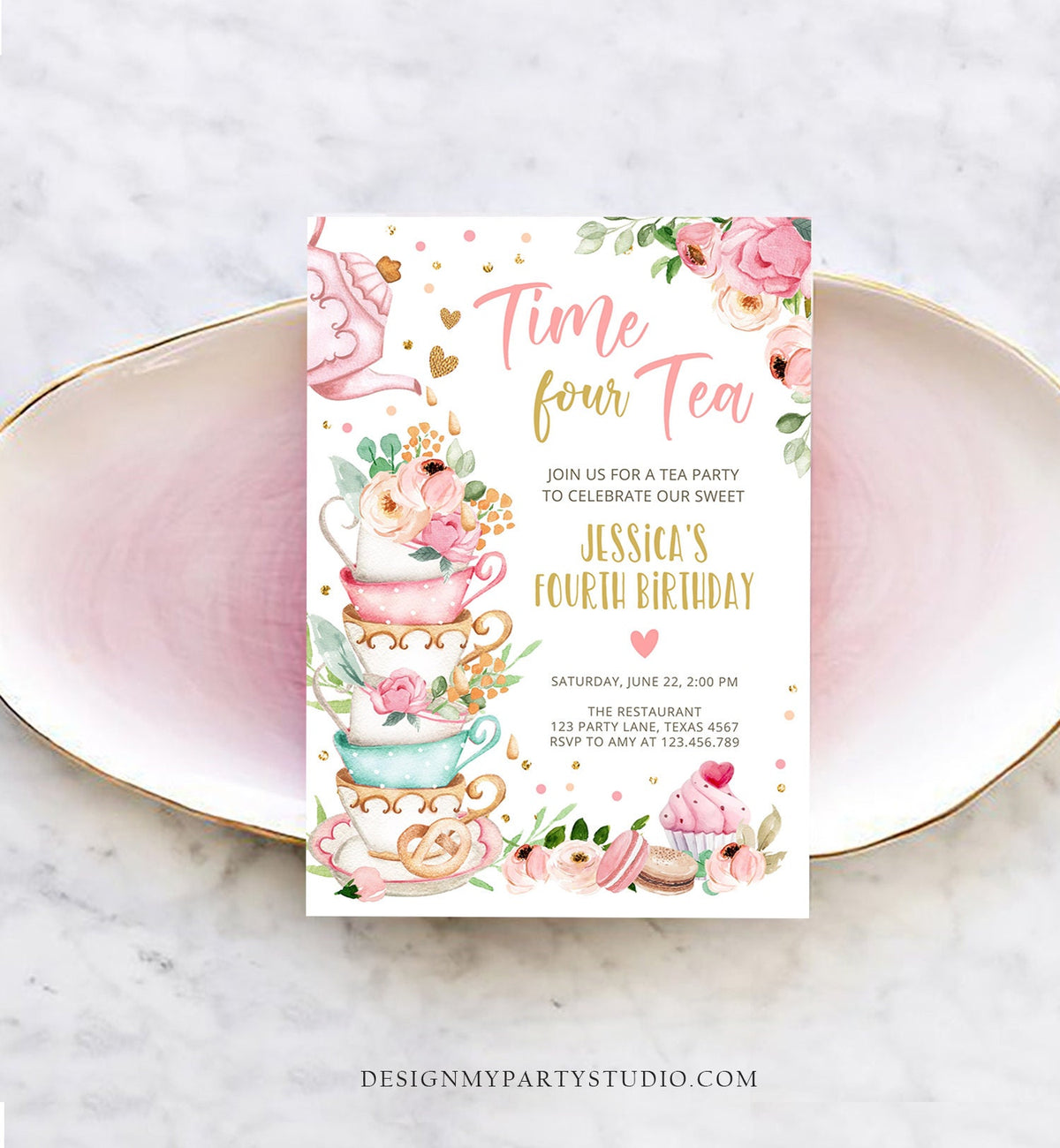 Editable Time Four Tea Birthday Invitation Girl Tea Party Invite Pink Gold Floral Peach Fourth Birthday 4th Corjl Template Printable 0349