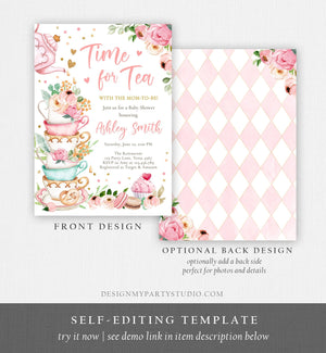 Editable Time For Tea Baby Shower Invitation Tea Party Sprinkle Shower Floral Pink Gold Blush Baby is Brewing Corjl Template Printable 0349