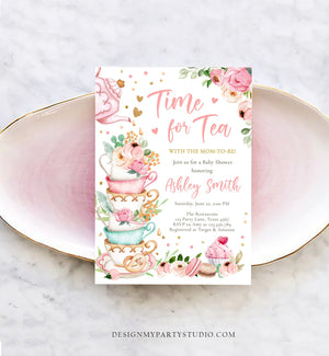 Editable Time For Tea Baby Shower Invitation Tea Party Sprinkle Shower Floral Pink Gold Blush Baby is Brewing Corjl Template Printable 0349