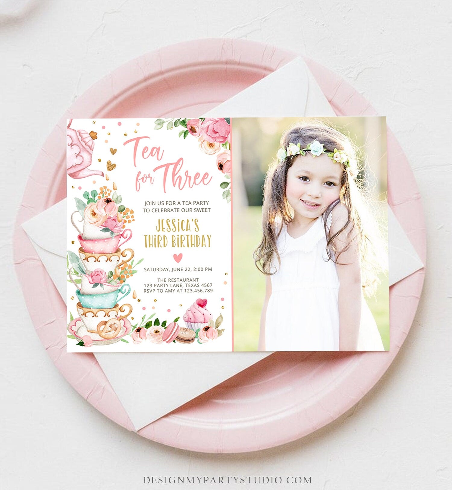 Editable Tea for Three Birthday Invitation Girl Tea Party Invite Pink Gold Floral Peach Third Birthday 3rd Corjl Template Printable 0349
