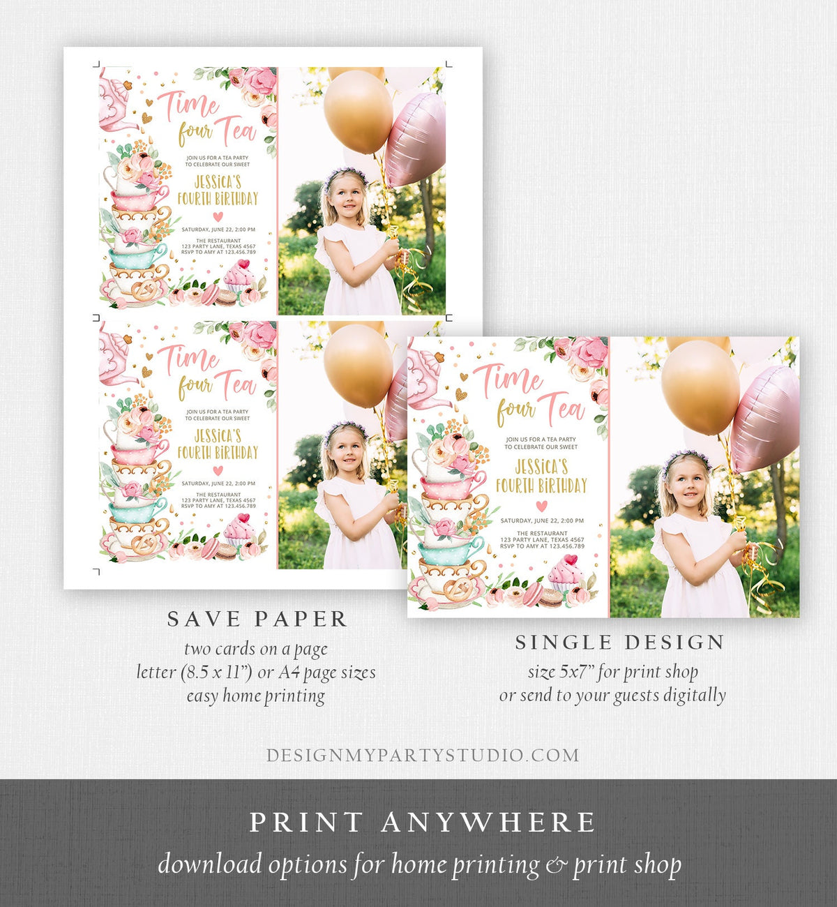 Editable Time Four Tea Birthday Invitation Girl Tea Party Invite Pink Gold Floral Peach Fourth Birthday 4th Corjl Template Printable 0349