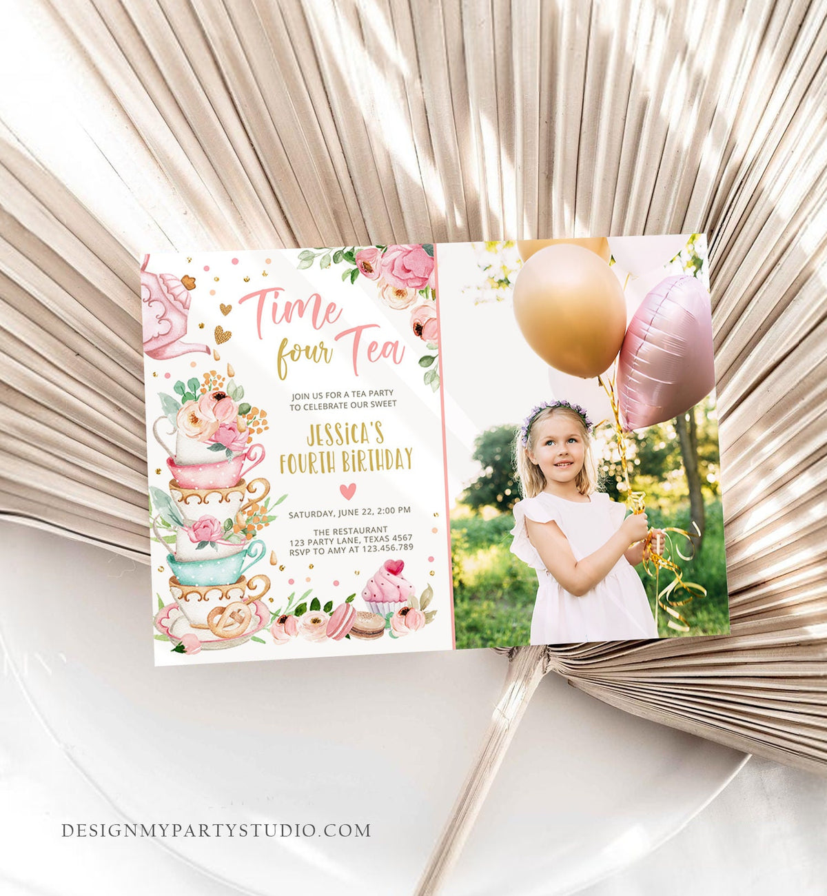 Editable Time Four Tea Birthday Invitation Girl Tea Party Invite Pink Gold Floral Peach Fourth Birthday 4th Corjl Template Printable 0349