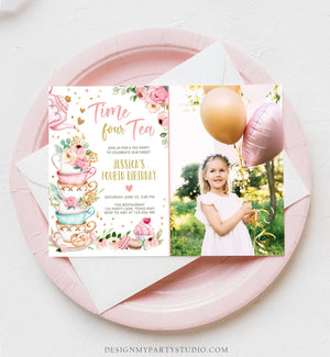 Editable Time Four Tea Birthday Invitation Girl Tea Party Invite Pink Gold Floral Peach Fourth Birthday 4th Corjl Template Printable 0349
