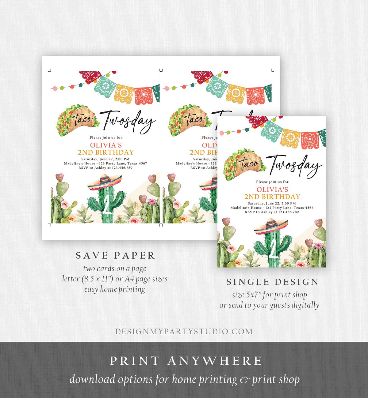 Editable Taco Twosday Fiesta Birthday Invitation Second Birthday 2nd Cactus Mexican Tacos Girl Cactus Download Corjl Template Printable 0404