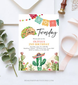 Editable Taco Twosday Fiesta Birthday Invitation Second Birthday 2nd Cactus Mexican Tacos Girl Cactus Download Corjl Template Printable 0404