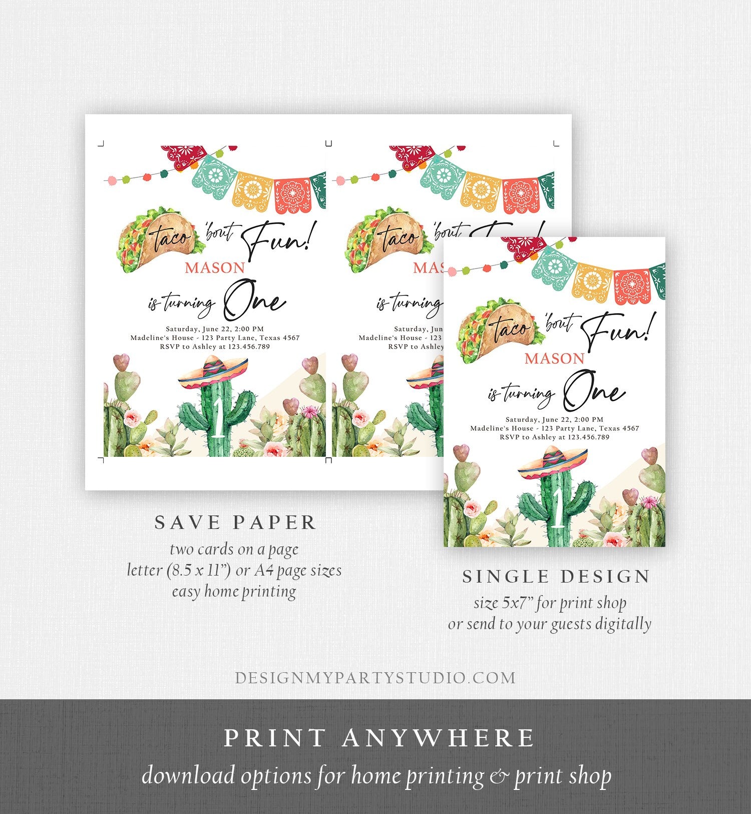 Editable Taco Bout Fun Birthday Invitation Cactus First Fiesta Cactus Mexican Desert Floral Digital Download Evite Template Printable 0404