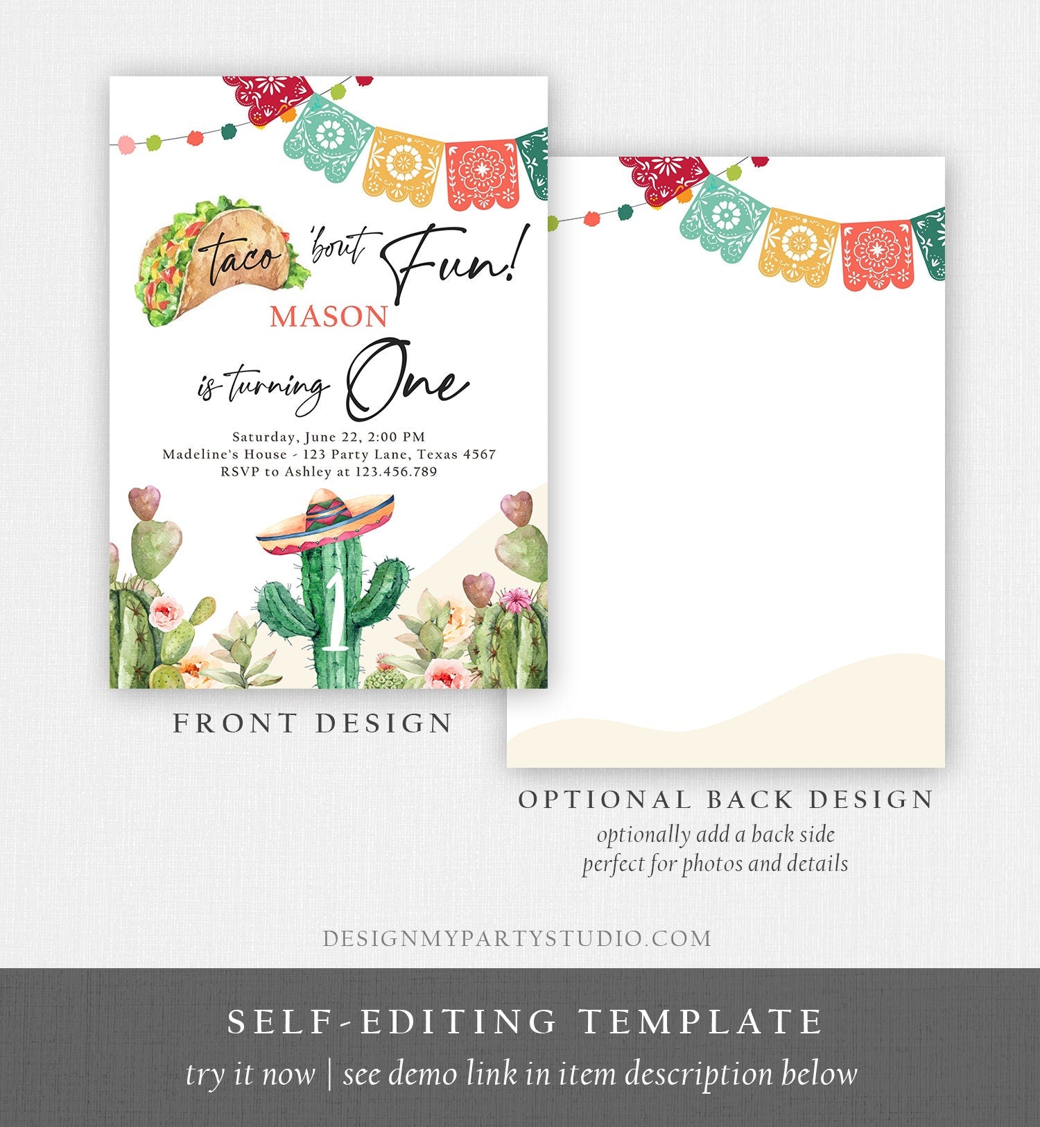 Editable Taco Bout Fun Birthday Invitation Cactus First Fiesta Cactus Mexican Desert Floral Digital Download Evite Template Printable 0404