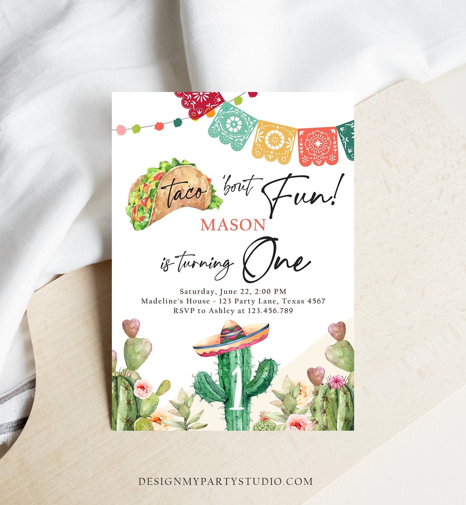 Editable Taco Bout Fun Birthday Invitation Cactus First Fiesta Cactus Mexican Desert Floral Download Printable Template Corjl 0404