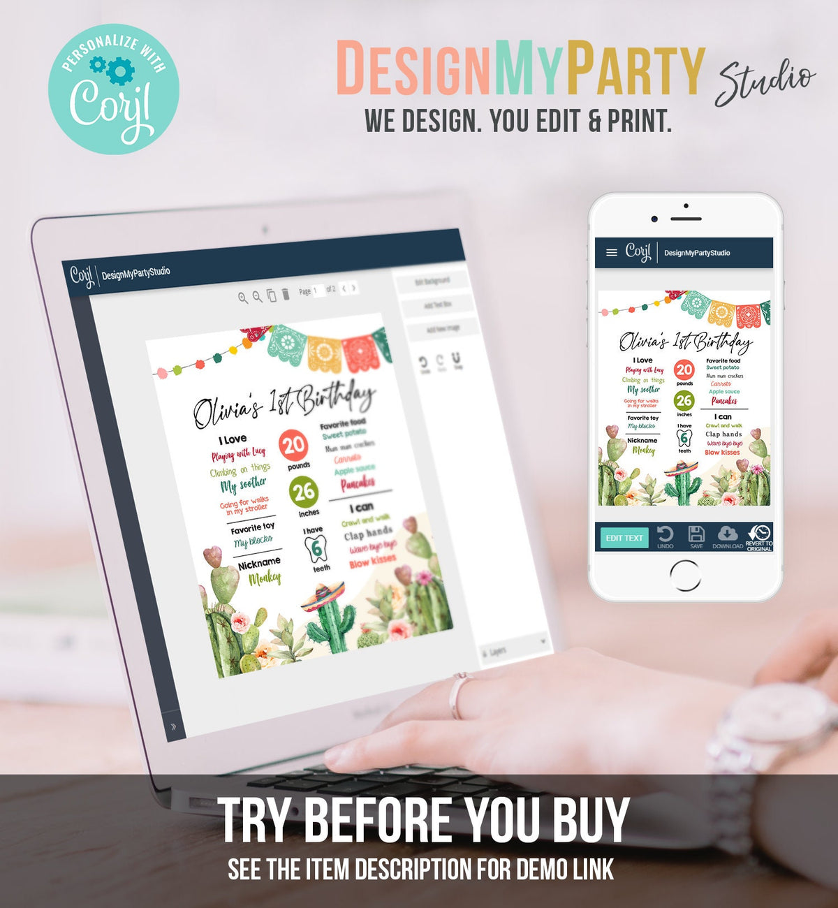 Editable Cactus Fiesta Birthday Milestones Sign First Birthday Poster1st Birthday Mexican Floral Digital Download Template Printable 0404