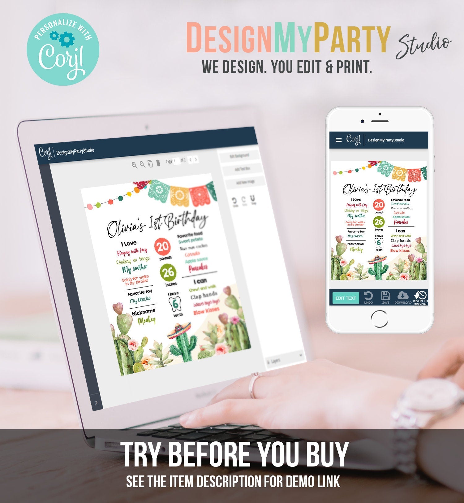 Editable Cactus Fiesta Birthday Milestones Sign First Birthday Poster1st Birthday Mexican Floral Digital Download Template Printable 0404