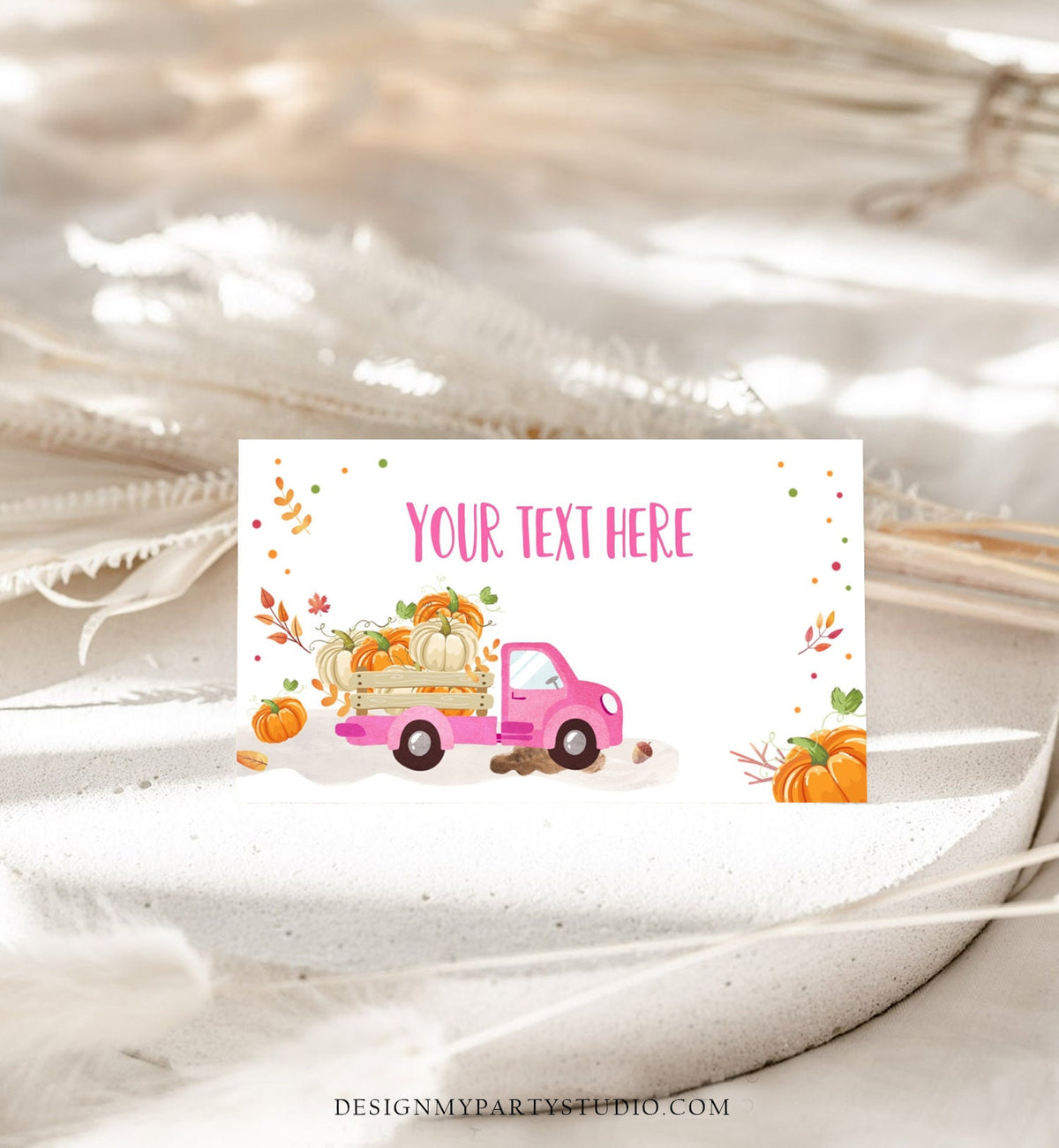Editable Pumpkin Truck Food Label Little Pumpkin Girl Birthday Pink Place Card Fall Harvest Autumn Tent Card Corjl Printable Template 0153