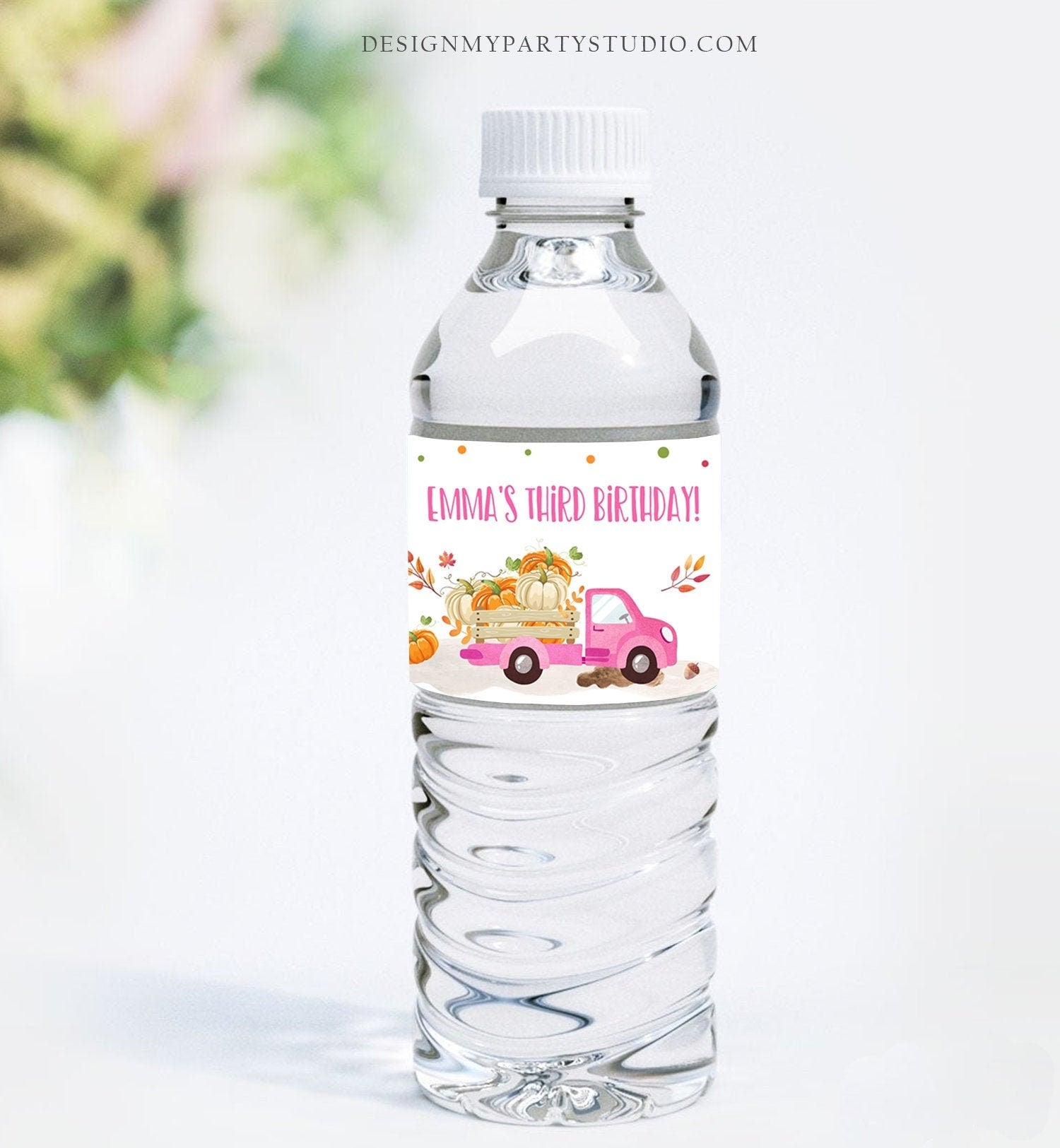 Editable Pumpkin Water Bottle Labels Pumpkin Girl Pink Truck Drink Tags Fall Autumn Label Pumpkin Birthday Fall Harvest Corjl Template 0153