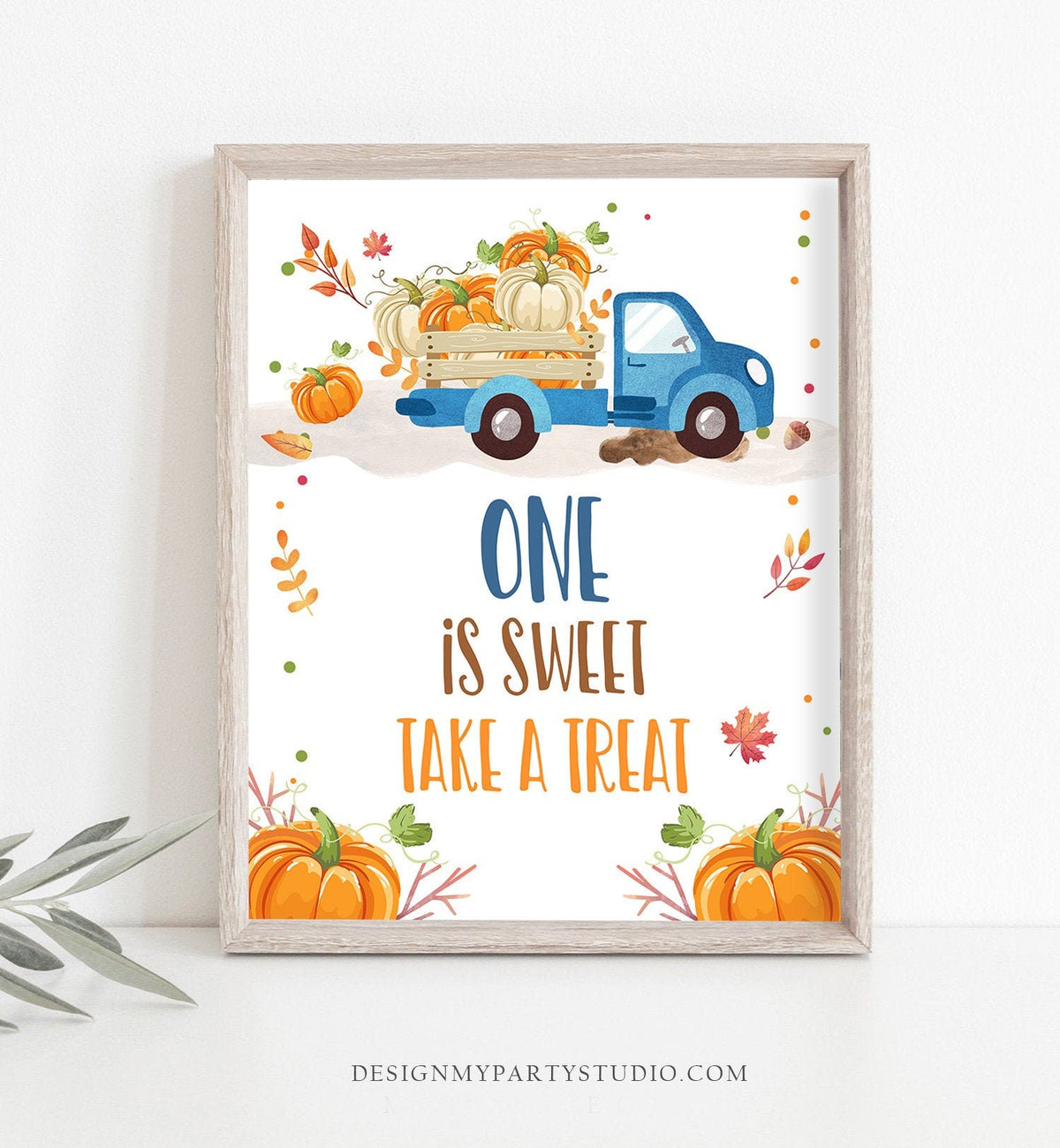 One is Sweet Take a Treat Sign Little Pumpkin Truck Boy Birthday Table Sign Blue Leaves Fall Party Autumn Pumpkin Download Printable 0153